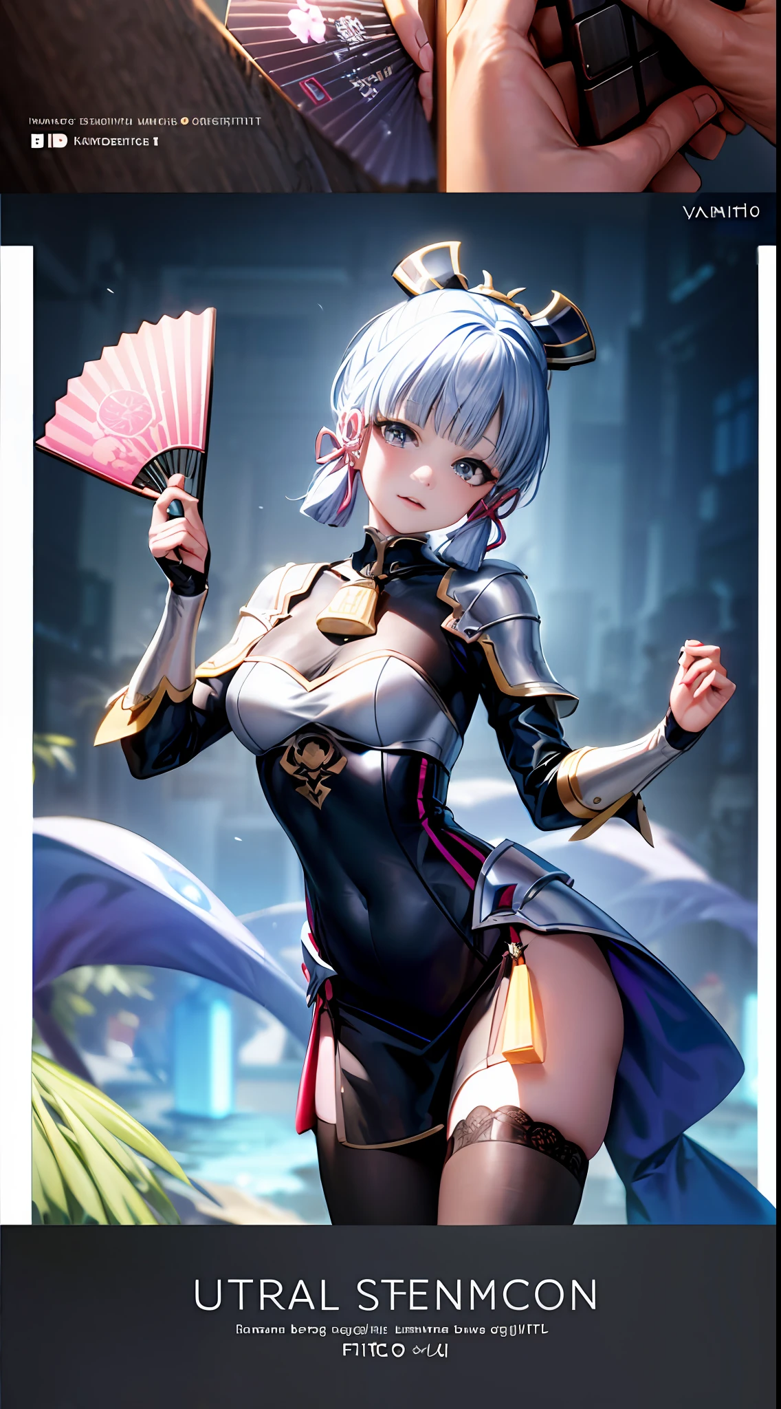 (Best quality), (Masterpiece), ((Beautiful:0.75) Cute girl:0.75), [clear and clean] Pisif (illustration), (kamisato ayaka), armored dress, Hand fan, Super detailed drawing， Luminism， Art concept art by Kahngriffith and Vadim Kashin， 4K resolution，Fractal isometric detail bioluminescence，3d render，rendering octane，ntricate detail，Filmic，Trend in artstation isometric center ultra-highism cover photo awesome full color，Hand drawn，gritty，Realistic Mucha，complex，hit definition，Filmic，Rough sketch，Bold lines，On paper。