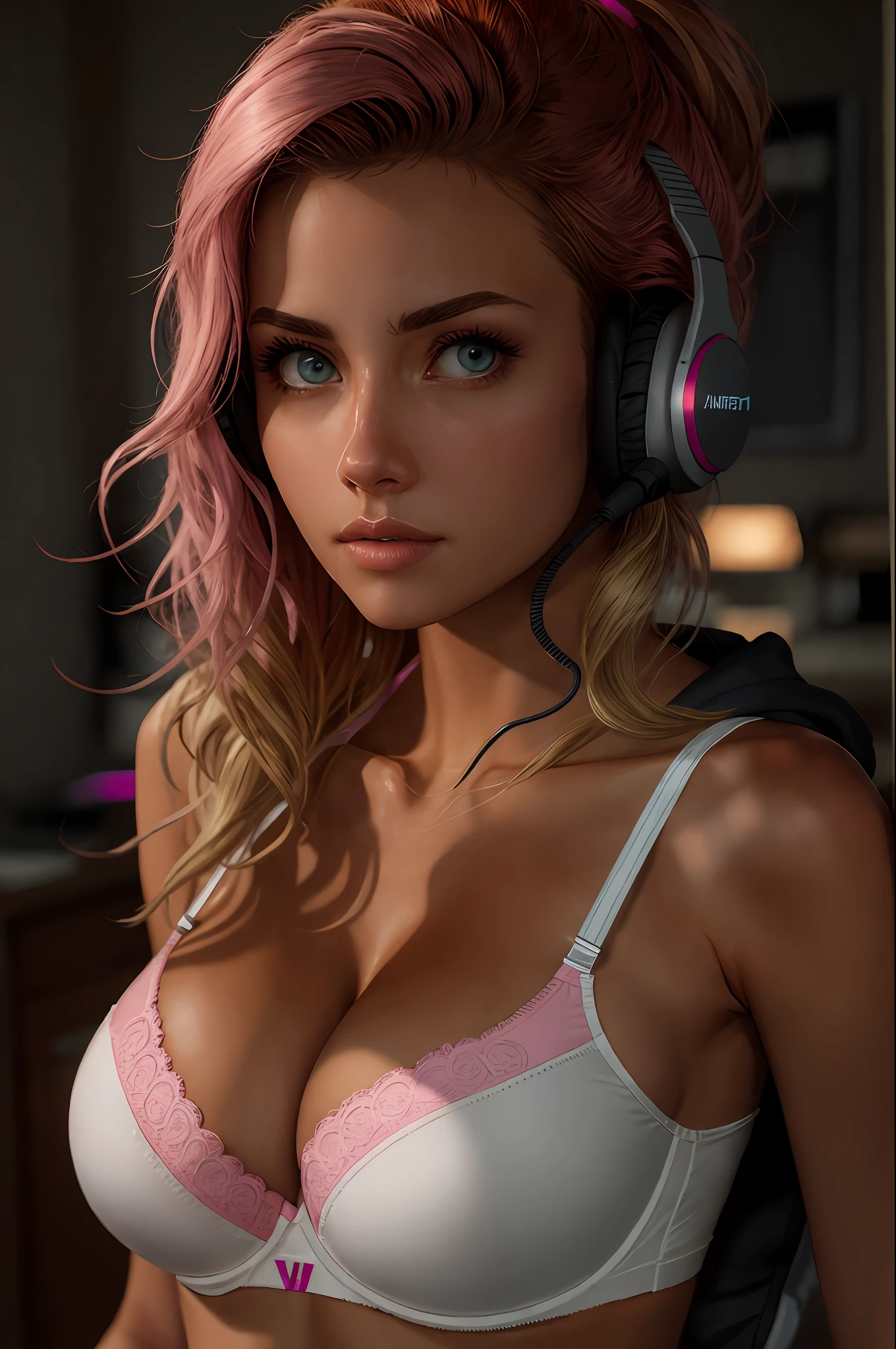 RAW, 1girl, dark room, gamer girl, photo from front above, dark hoodie, blonde, large white gamer headphones, large breasts, skintight white top:1.2, cleavage, pink bra:1.2, top does not fully cover the pink bra, bra visible a bit, (masterpiece, best quality), (detailed skin:1.3, detailed face:1.3), dslr, realistic, looking at viewer, sharp focus, delicate, soft colors, cinematic lighting,
