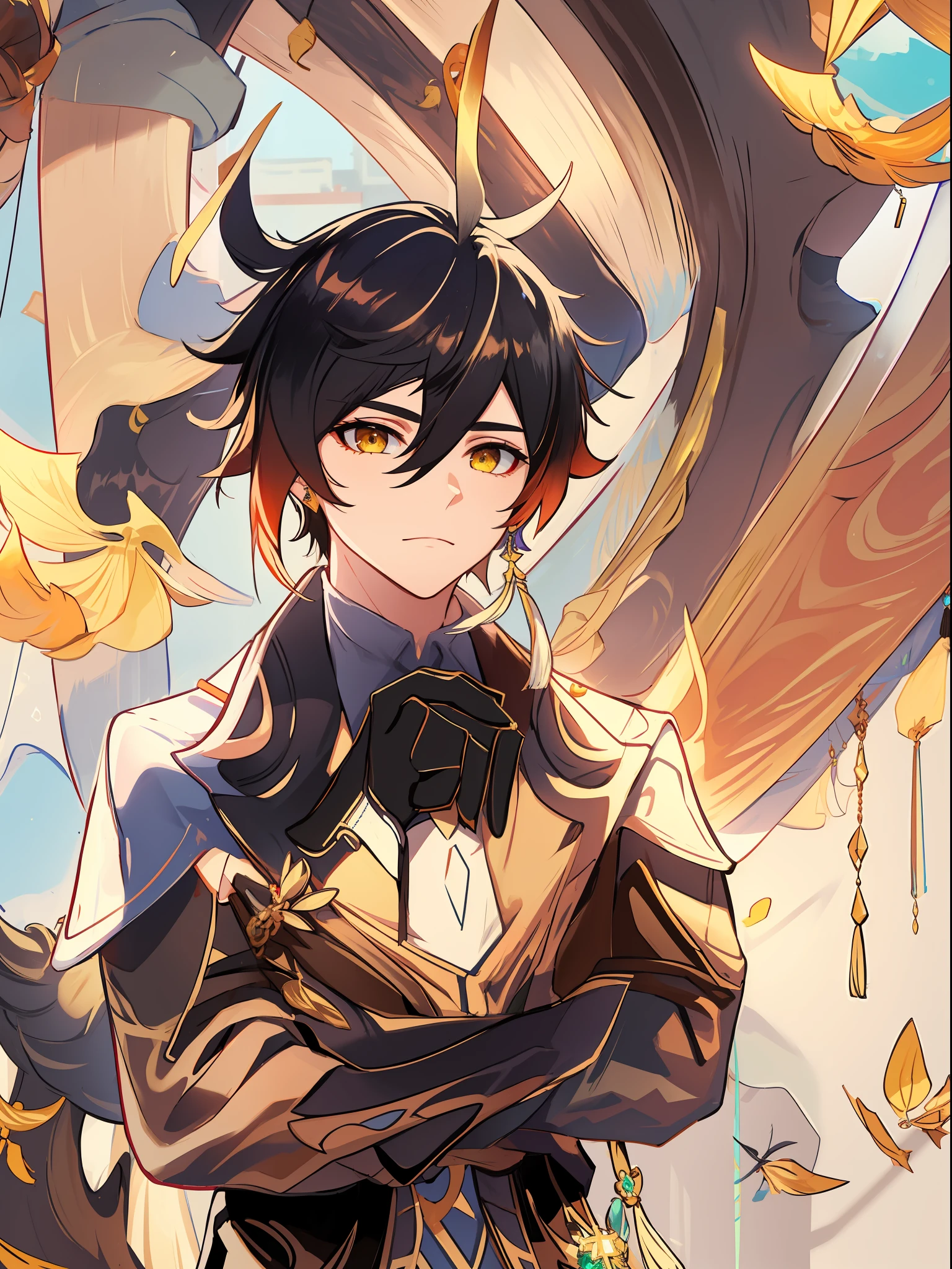 1boy, solo, upper_body, front_view, look_at_viewer, masterpiece, best quality, bangs, black_gloves, black_hair, brown_hair, gradient_hair, collared_shirt, earrings, eyebrows_visible_through_hair, formal, gloves, hair_between_eyes, holding, chinese_clothes, jacket, jewelry, long_hair, long_sleeves, male_focus, multicolored_hair, ponytail, single_earring, suit, tassel, tassel_earrings, yellow_eyes, zhongli_\(genshin_impact\)