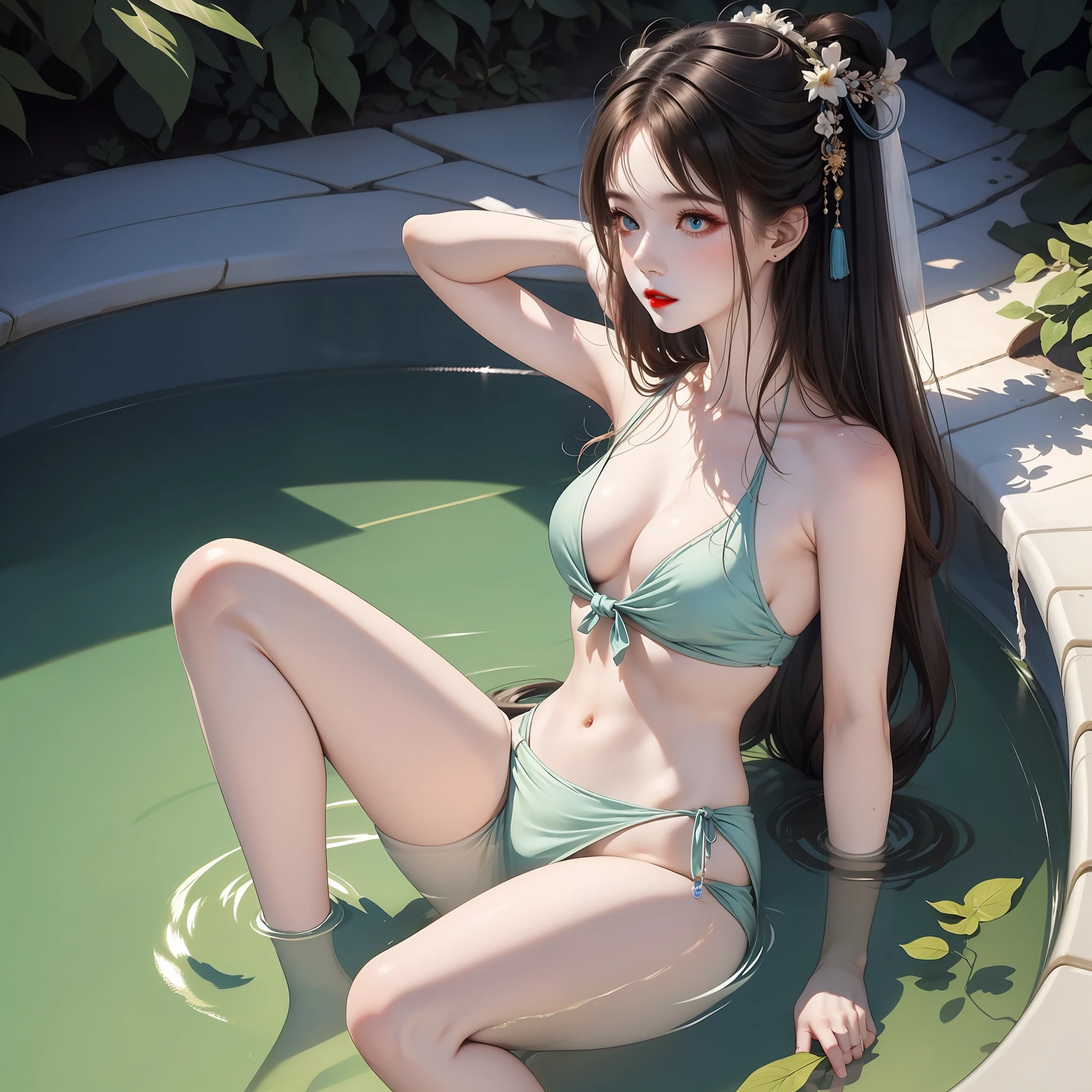 A fair-skinned woman bathes in a waterhole，Pool water and waist, And is preparing to untie the jade hairpin tied by his hair，She has wide eyes and red lips，Manners are genteel，Look at this side shyly and affectionately