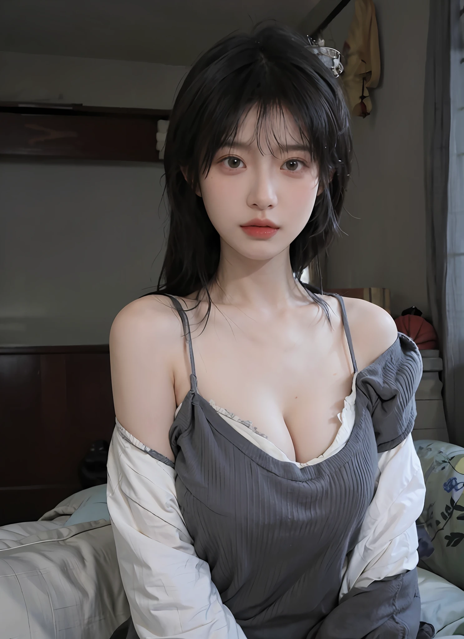 best qualtiy, 超高分辨率, (realisticlying:1.4), one-girl, A pair of clear and moving peach blossom eyes,Royal Sister,a sense of atmosphere,a beauty girl(Faded gray-gray hair:1), (Huge room:1.3), looking at viewert, closeup cleavage ,(full bodyesbian:1.2)