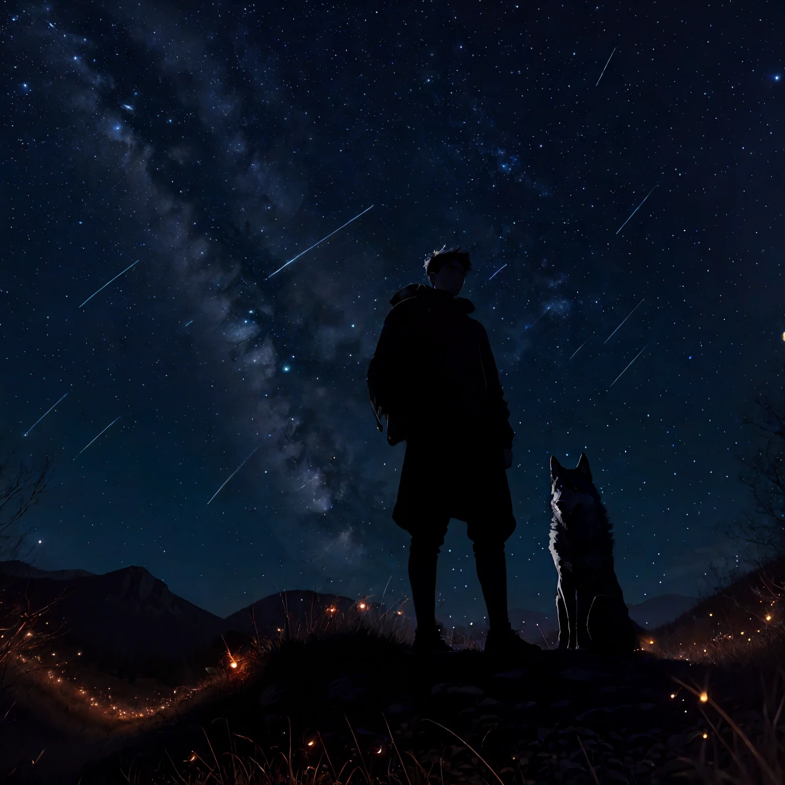 boy and his wolf, Perfect body, Dark movies, beauitful face, the night, Dark night, There are stars shining, hyper qualit, glowworm, magical, mistic, Full blue moon, photograph realistic, siluette, hyper HD, Fireflies in the background, There are no lights。There are stars shining overhead