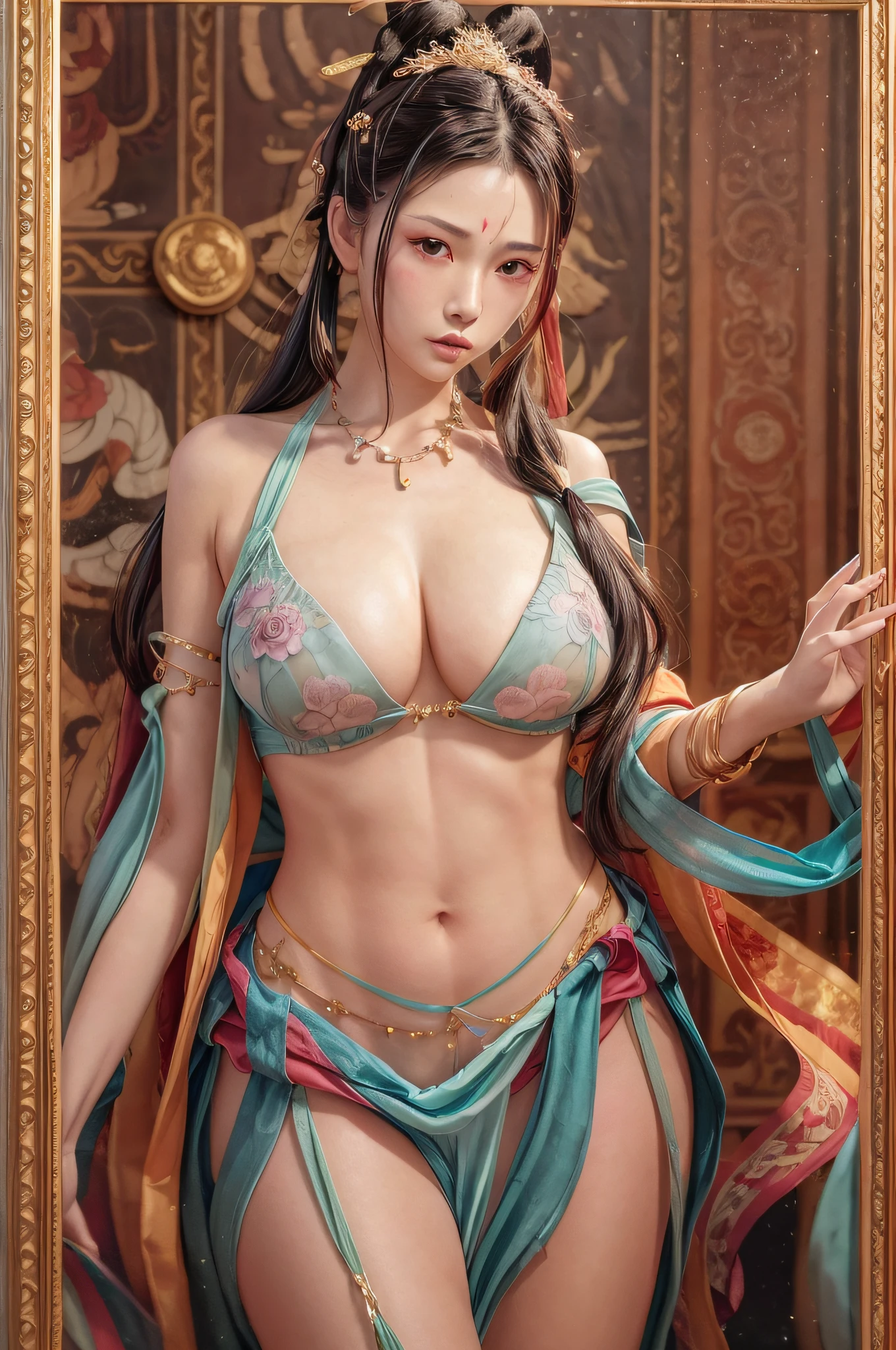 (RAW photo, best quality), (realistic, photo-realistic:1.3),best quality,highly detailed,masterpiece,ultra-detailed,illustration,1girl walking out of photo frame, full_body, dynamic angle, world masterpiece theater, messy_long_hair, best quality, extremely detailed CG unity 8k wallpaper, ink, Amazing,cinematic lighting,lens_flare, dunhuang_style, gigantic breasts, lotus tattoo on breasts,