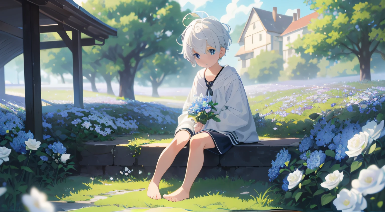 (4K), little boy with white hair and barefoot and white clothes small tiny feet, He sits on a flower field, which is covered with blue roses, und betet, Nebel Licht, Impressionismus, 2D, (Dornen: 1.1), (toter Baum: 1.1) Focused on feet,