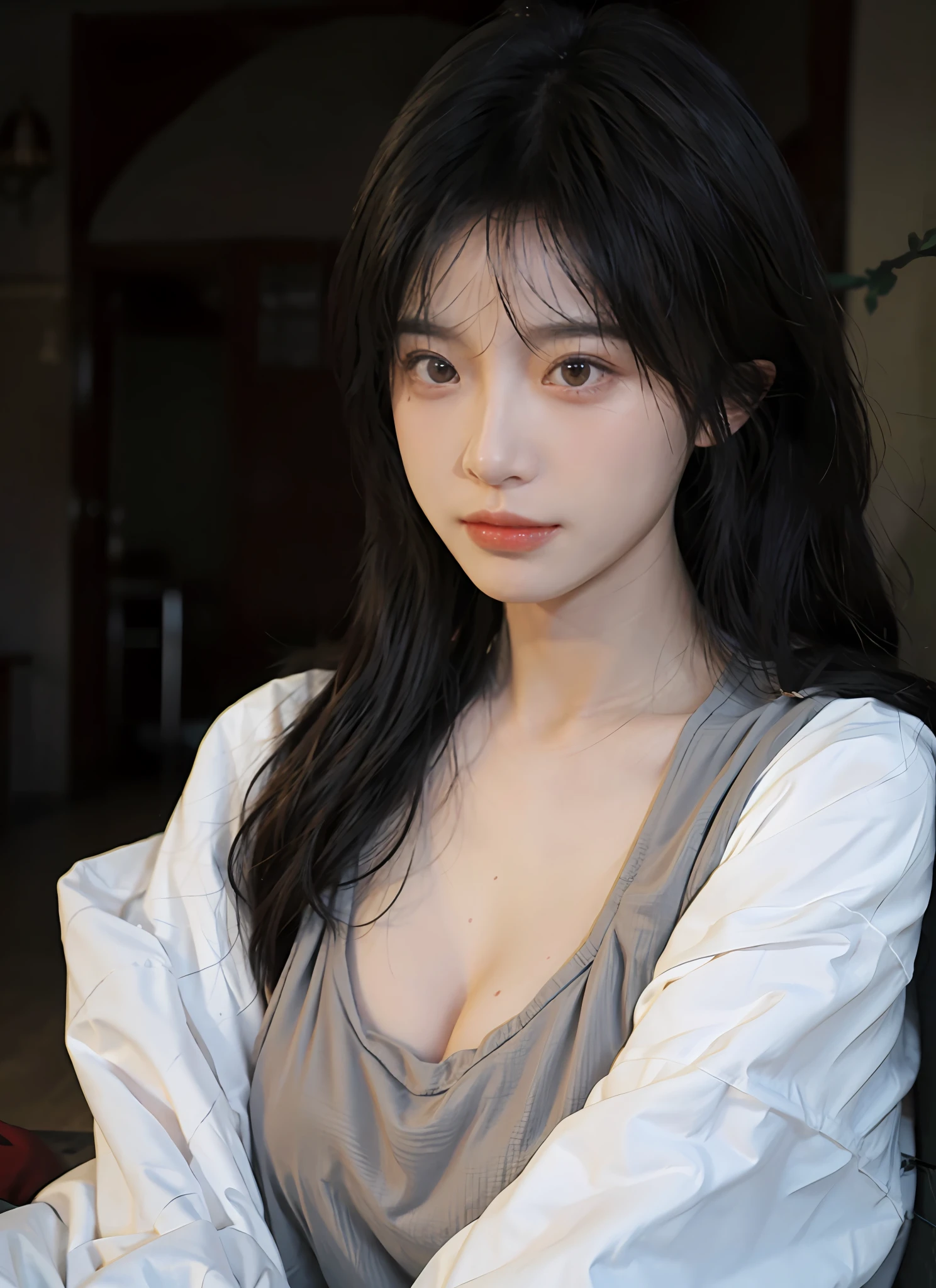 best qualtiy， 超高分辨率， （realisticlying：1.4）， one-girl， A pair of clear and moving peach blossom eyes,Royal Sister，a sense of atmosphere，a beauty girl（Faded gray-gray hair：1）， （Huge room：1.3）， looking at viewert， closeup cleavage ，（full bodyesbian：1.2）