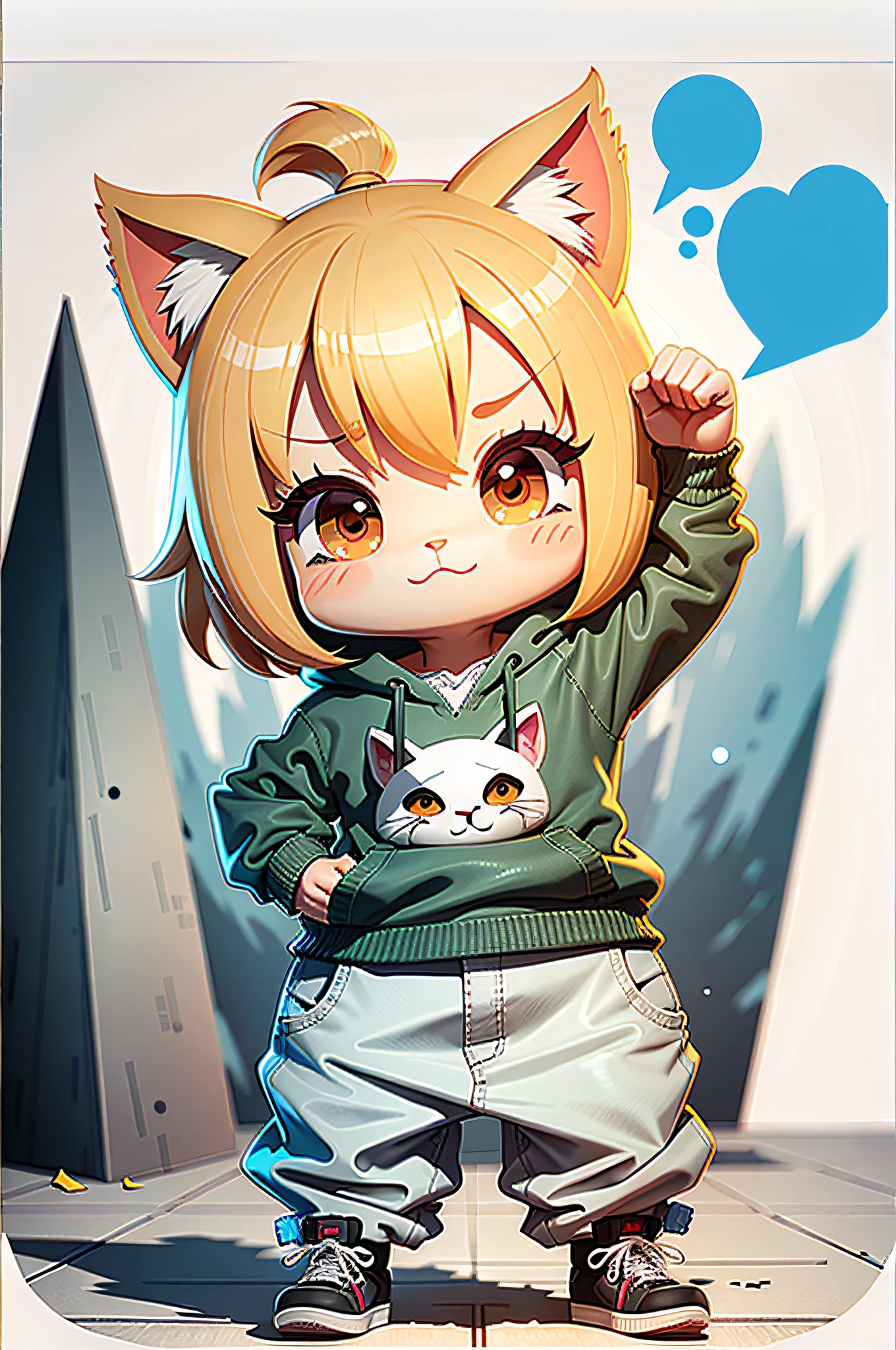 c4tt4stic, uma gatinha dos desenhos animados com fones de ouvido vendo seu celular, uma blusa roxa, orando, rezando