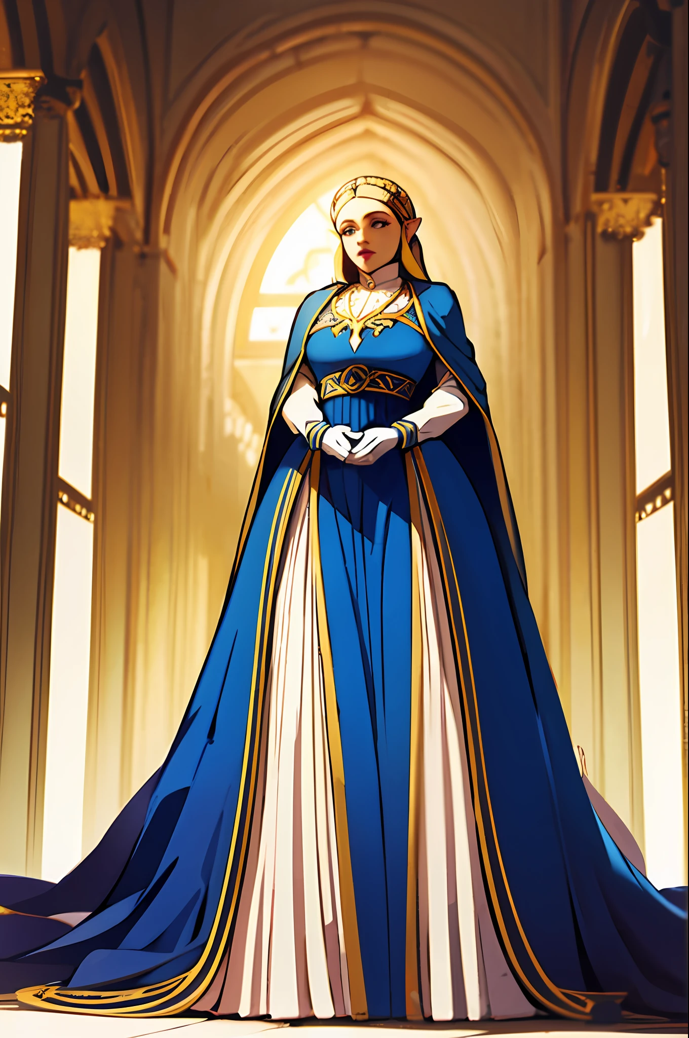 Queen in a royal blue dress standing in a Castle Hall, queen zelda, breath of the wild art style, queen zelda, botw style, zelda with triforce, wearing crown, heavy blue lipstick, Queen Dress, Tapered Dress with corset, Banquet Dress, Queen fancy Makeup, large fancy wide-cuff gloves, white cuff gloves with gold trim, queen crown, wide queen crown, small chest