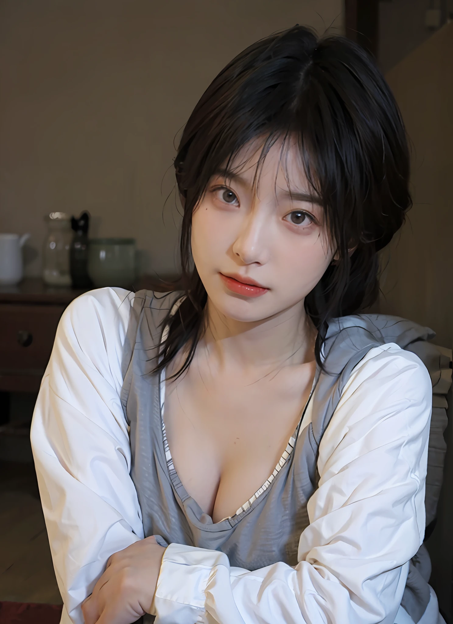best qualtiy, 超高分辨率, (realisticlying:1.4), one-girl, A pair of clear and moving peach blossom eyes,Royal Sister,a sense of atmosphere,a beauty girl(Faded gray-gray hair:1), (Huge room:1.3), looking at viewert, closeup cleavage ,(full bodyesbian:1.2)