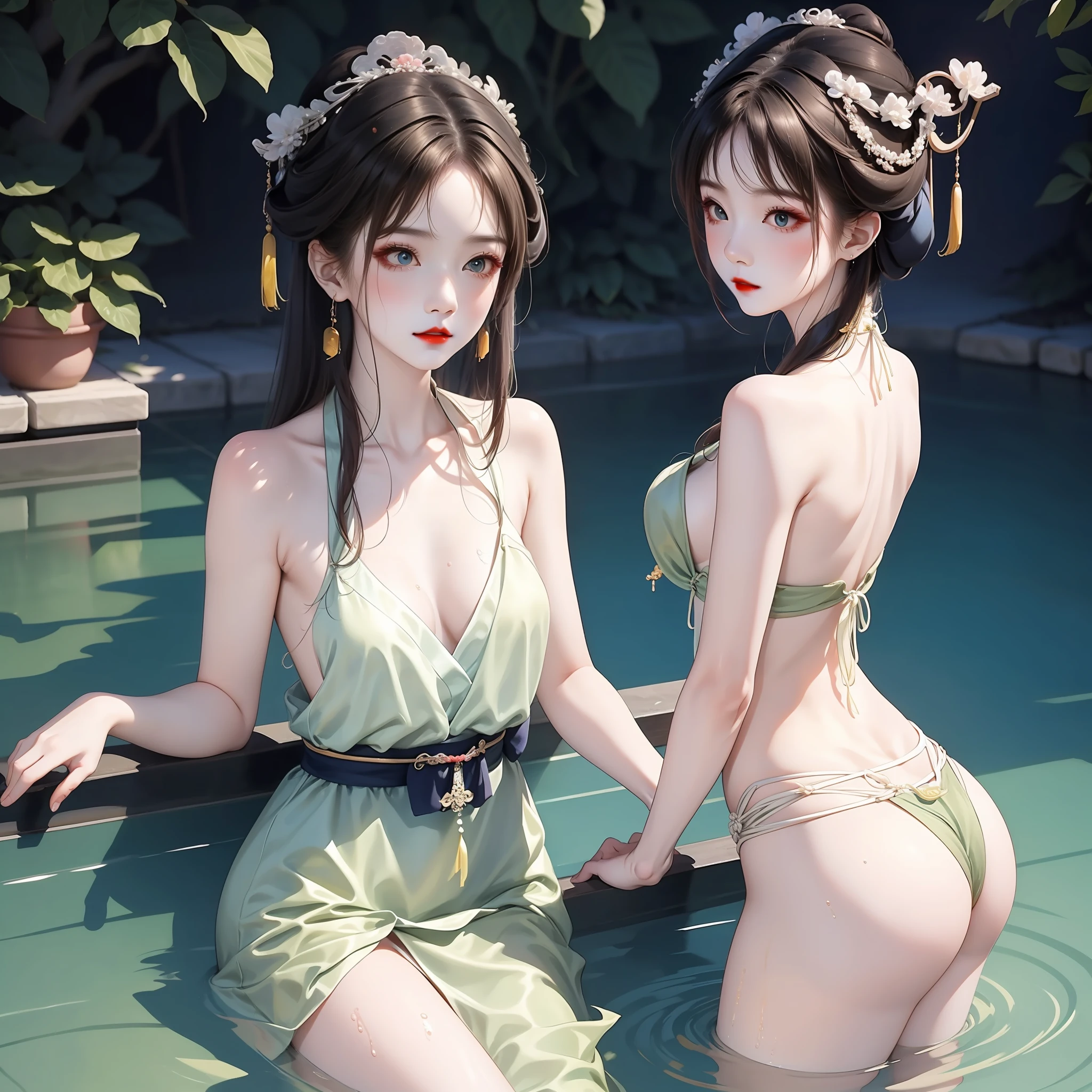A fair-skinned classical Chinese woman bathes in a waterhole,Pool water and waist, And is preparing to untie the jade hairpin tied by his hair,She has wide eyes and red lips,Manners are genteel,Look at this side shyly and affectionately,We can see that she was buried in the pool