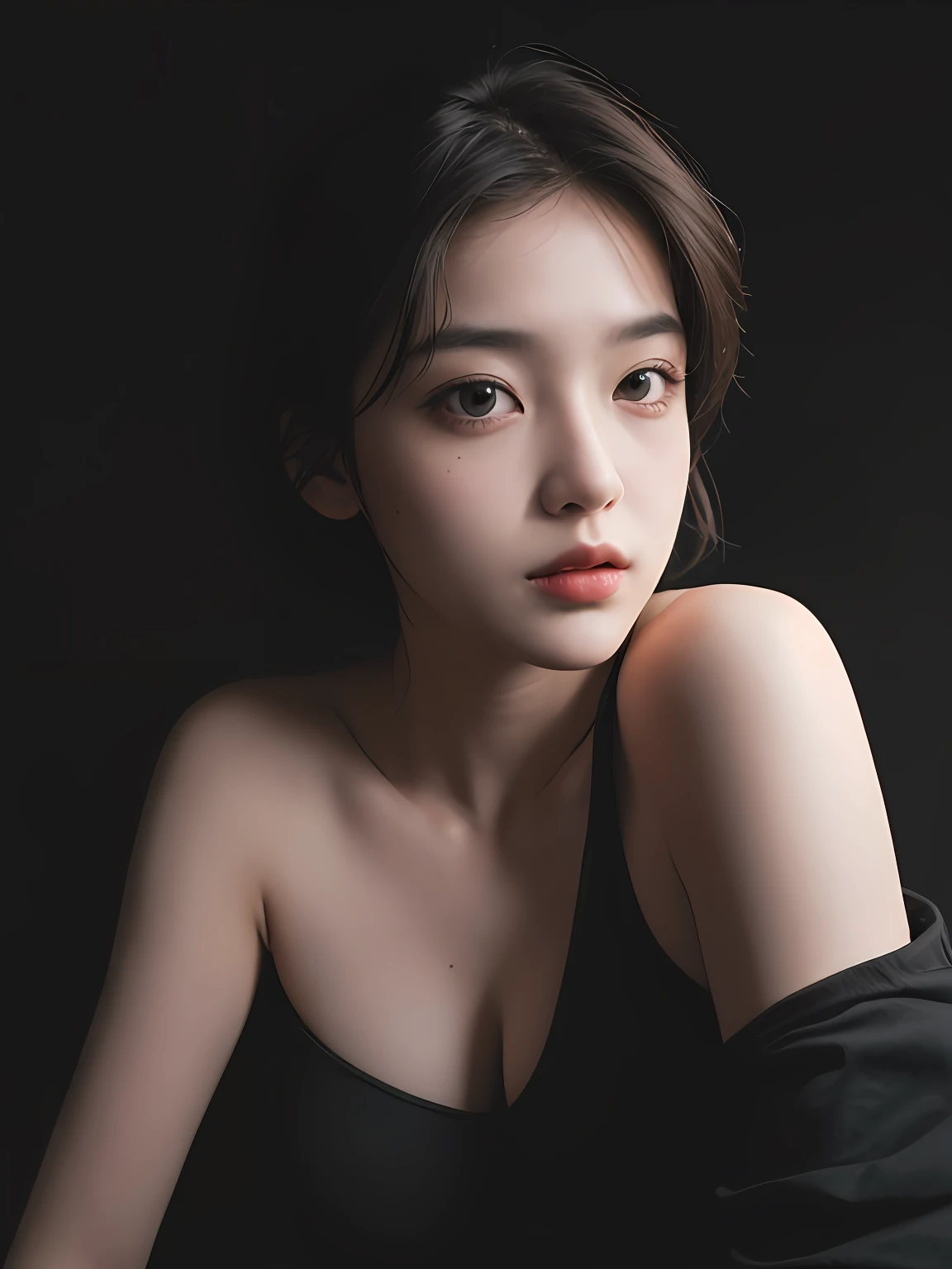 Best quality, masterpiece, ultra high res, (photorealistic:1.5), raw photo, 1girl, offshoulder, in the dark, deep shadow, low key, cold light, sexy look, short hair