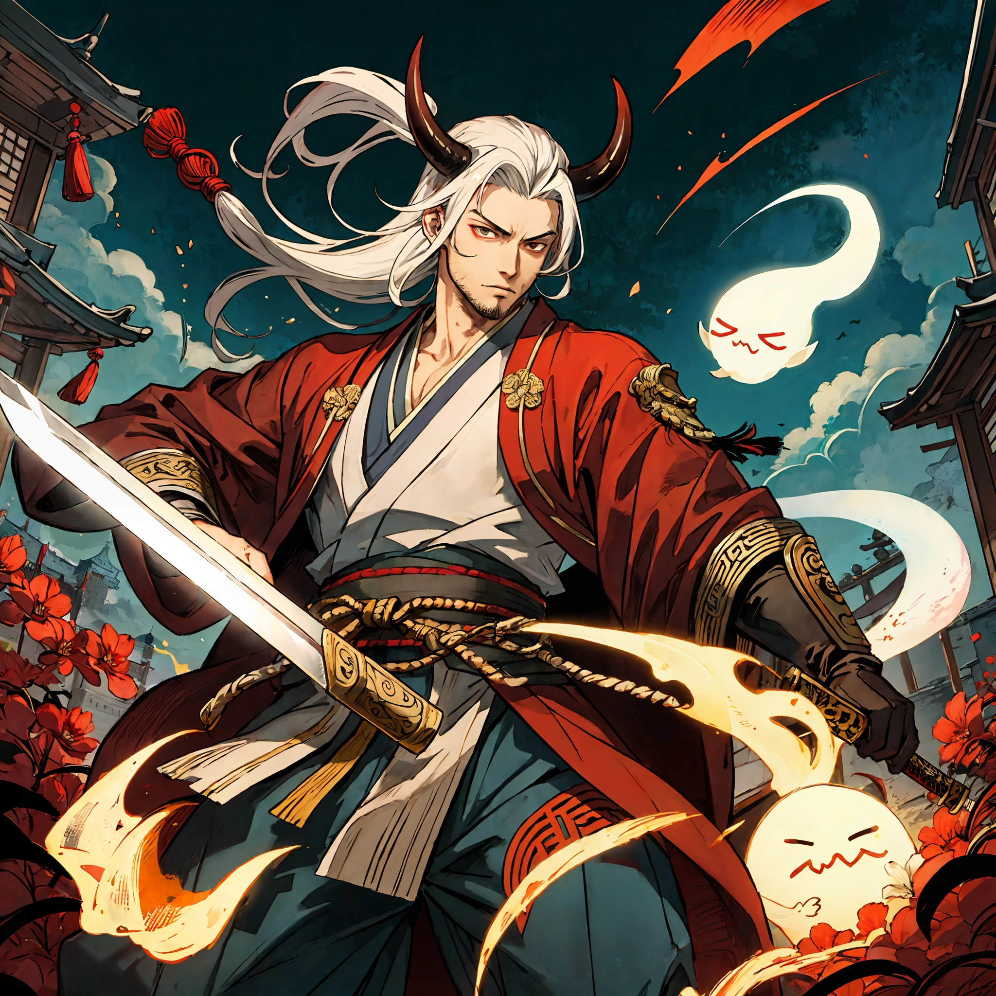 (best quality), detailed background, oriental emperor,oni man,combat arts, holding holding sword, oriental castle,ghost