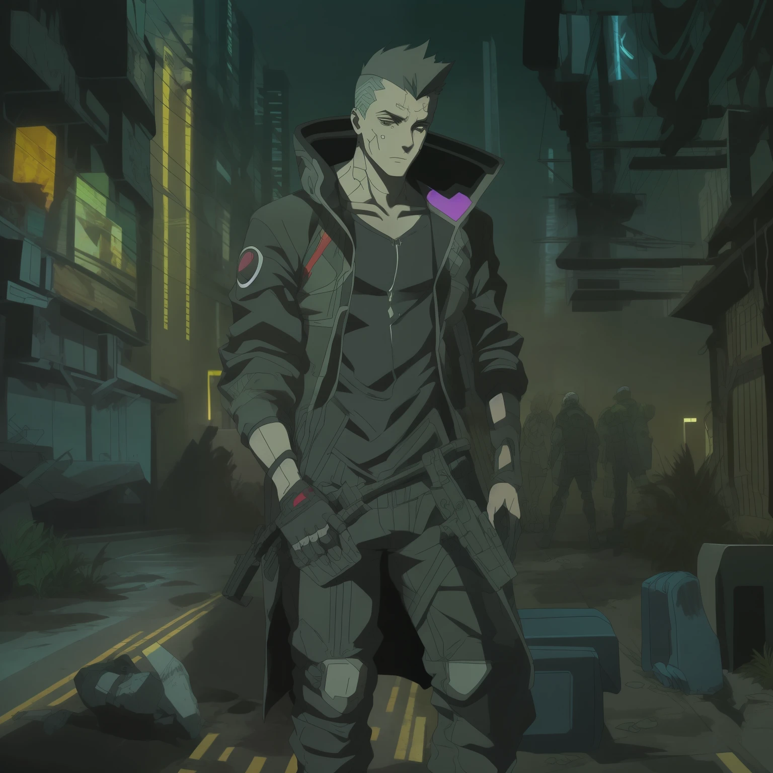 Crie a arte de um personagem humano jovem masculino, estatura mediana e porte normal, vestindo camiseta, jaqueta de trincheira longo da cor preta, estilo detetive noir, inspirado no jogo Shadowrun, cyberpunk noir fantasy