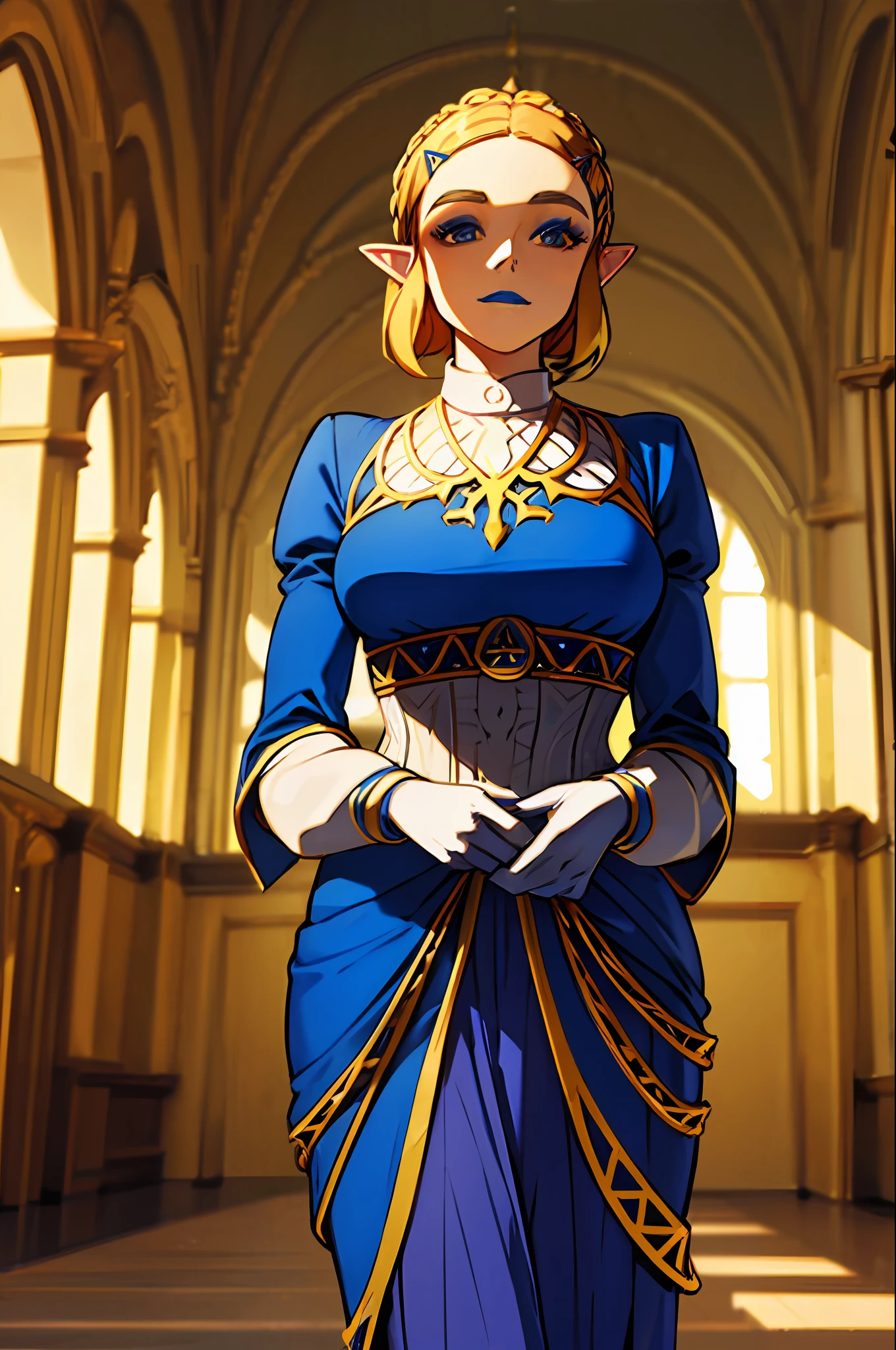 Queen in a royal blue dress standing in a Castle Hall, queen zelda, breath of the wild art style, queen zelda, botw style, zelda with triforce, wearing crown, heavy blue lipstick, Queen Dress, Tapered Dress with corset, Banquet Dress, Queen fancy Makeup, large fancy wide-cuff gloves, white cuff gloves with gold trim, queen crown, wide queen crown, small chest
