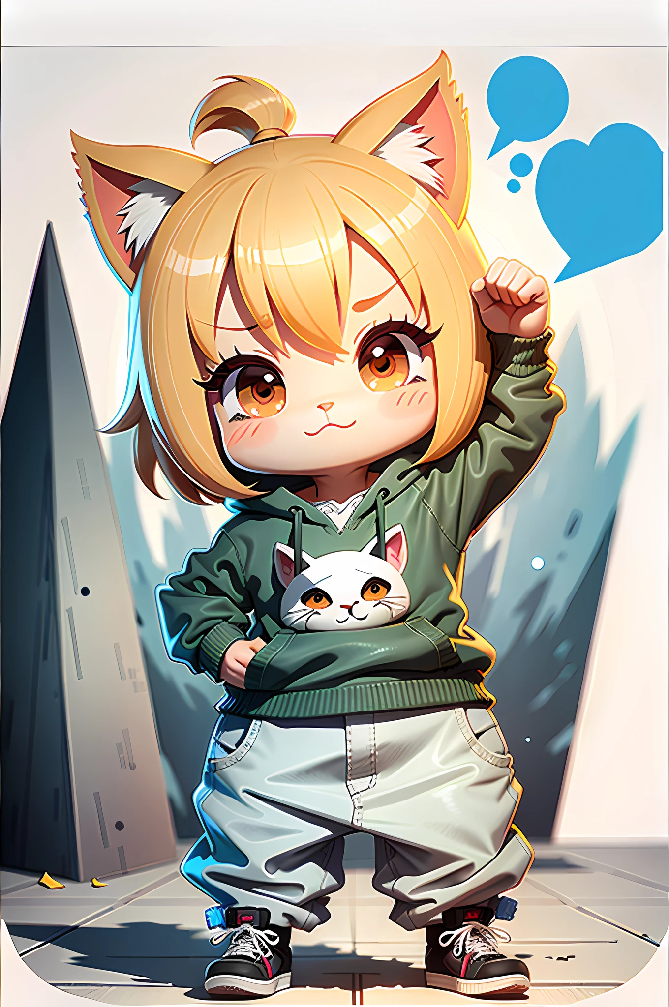 c4tt4stic, uma gatinha dos desenhos animados com fones de ouvido vendo seu celular, uma blusa roxa, orando, rezando