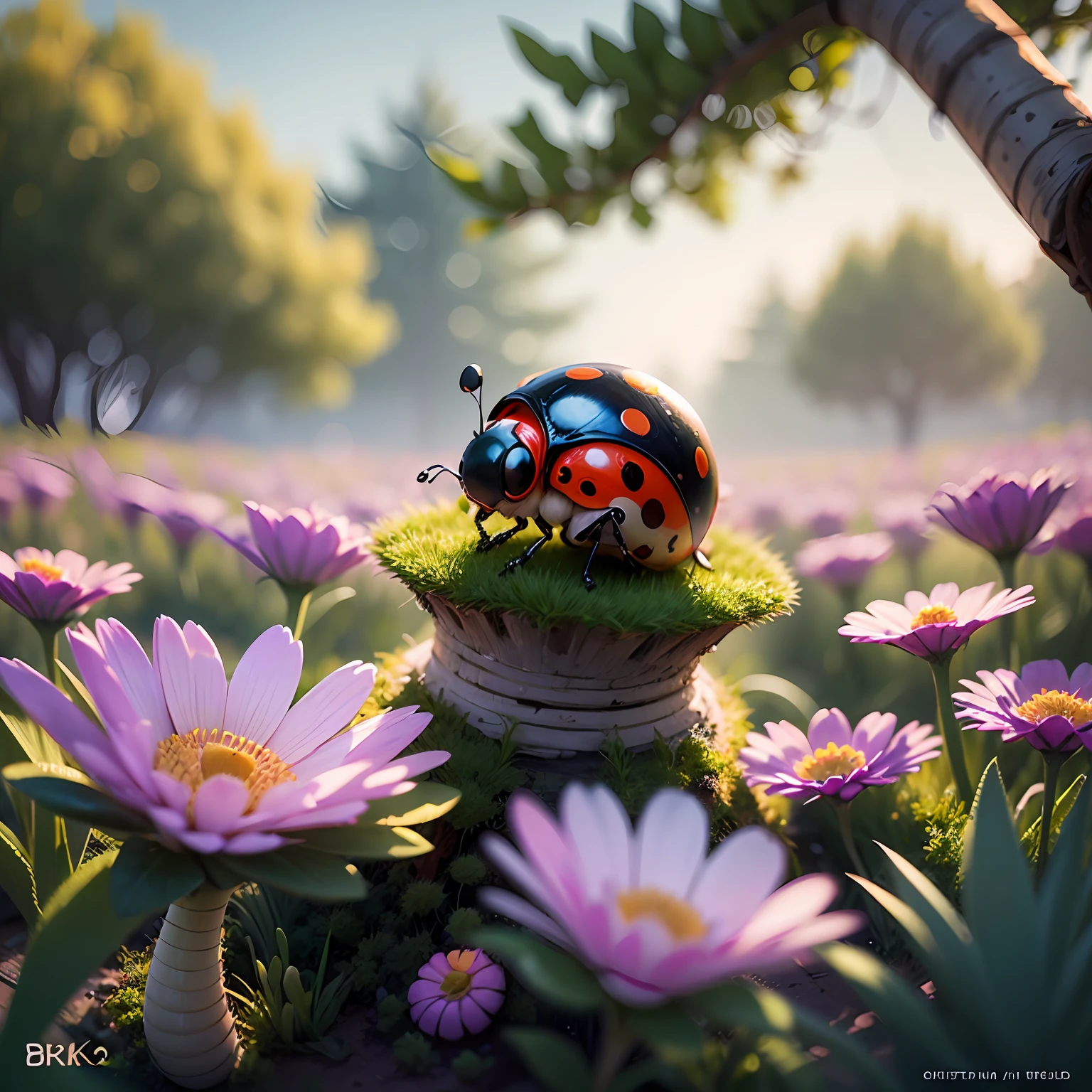 Close-up. Funny, cheerful Ladybug and Snail, super photorealistic, cinematic, Disney Pixar cartoon style, muted colors, slight haze. Blurred fantasy background of flower meadow. 8K --auto --s2