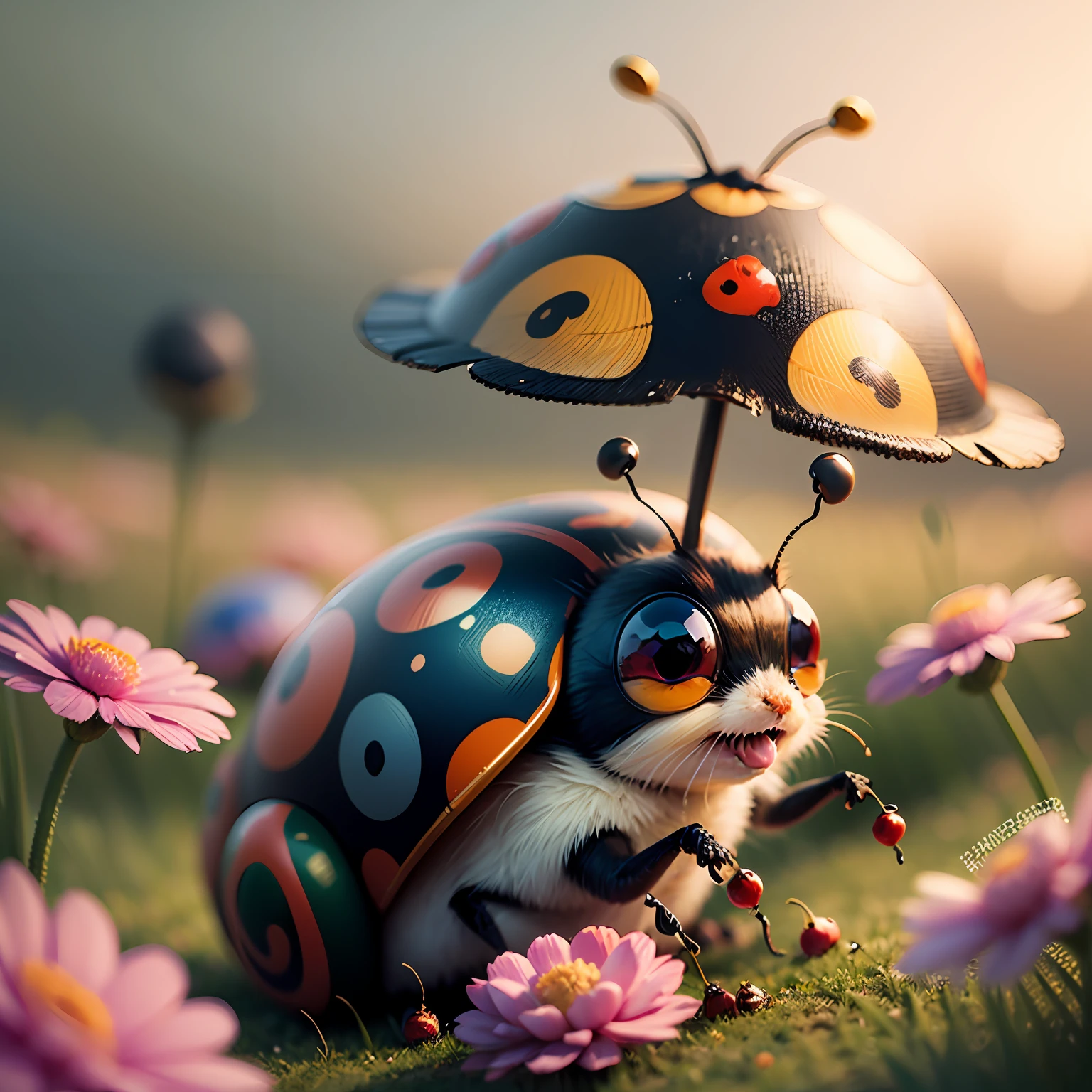 Close-up. Funny, cheerful Ladybug and Snail, super photorealistic, cinematic, Disney Pixar cartoon style, muted colors, slight haze. Blurred fantasy background of flower meadow. 8K --auto --s2