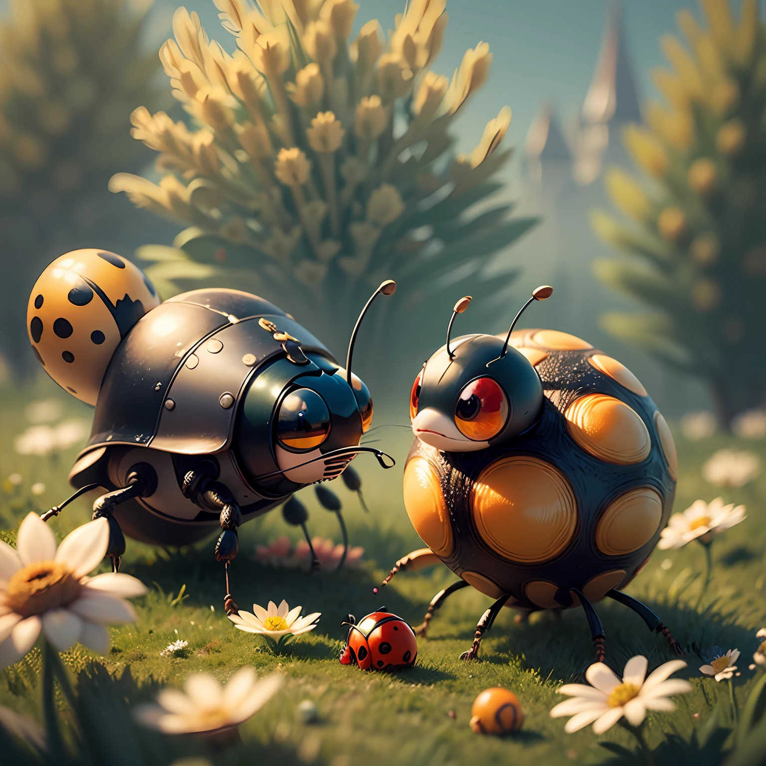 Close-up. Funny, cheerful Ladybug and Snail, super photorealistic, cinematic, Disney Pixar cartoon style, muted colors, slight haze. Blurred fantasy background of flower meadow. 8K --auto --s2