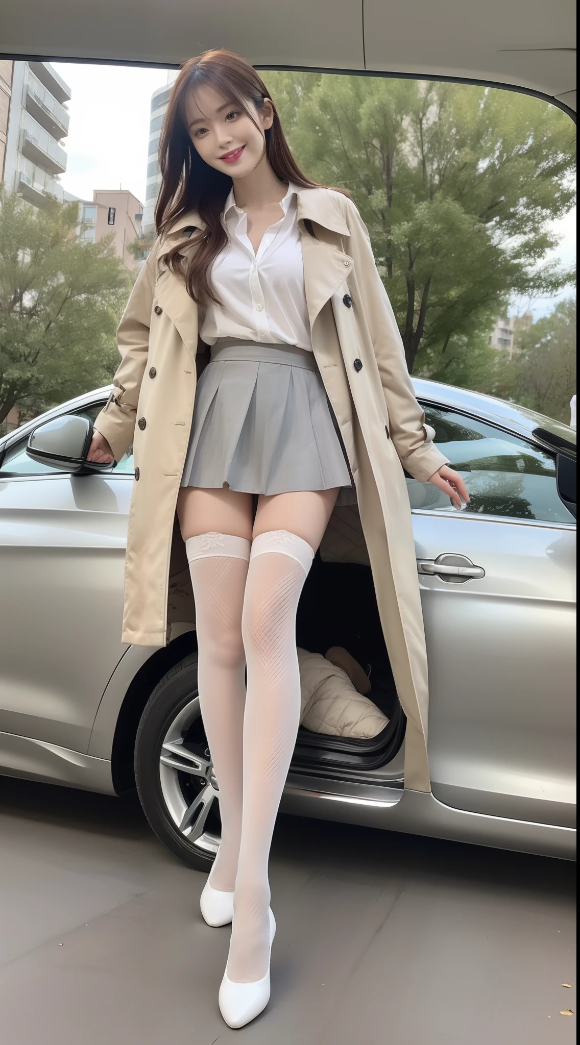 (true to life,Photorealistic 1.5),((best qualtiy, 8K, tmasterpiece:1.3)), (二重まぶた,largeeyes:1.3),(smile1.5),(Full body photo 1.5)(One person 1.5)Clear focus 1.2, Perfect body beauty:1.4 , Delicate skin1.1,(Long brown hair 1.5),(Delicate facial features1.4),(Pure desire 1.3)(Fishnet stockings 1.5)(The leg length is one meter two,1.5),White shirt,Gray trench coat,pleatedskirt,Slender legs,Round scalp shoes,Urban Street,Car side