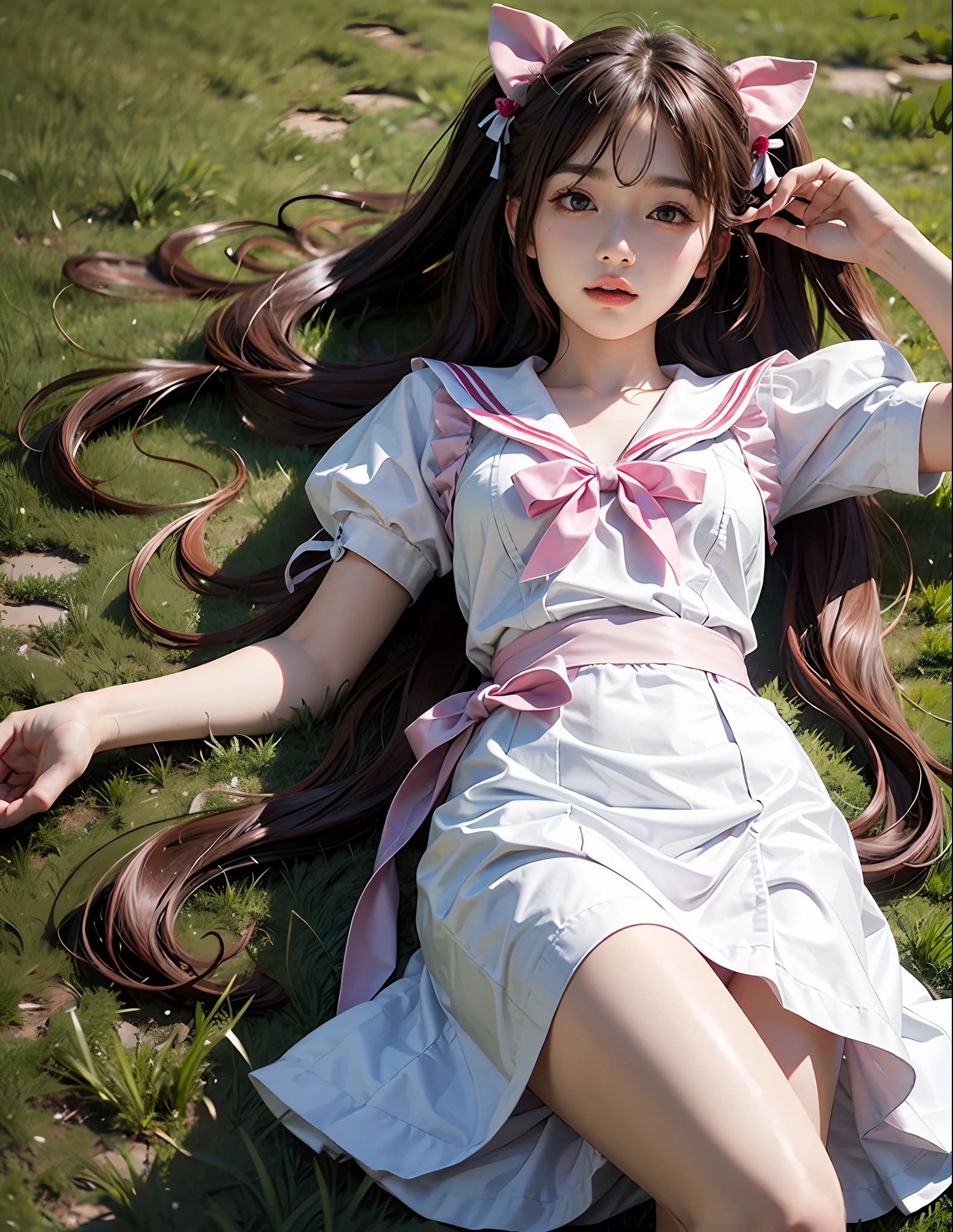 lying on the grass ground,1girl,twintails,brown hair,Qi bangs,curlies,maid,Flying,White sailor suit and short skirt,pink bows,-yeld fee model,