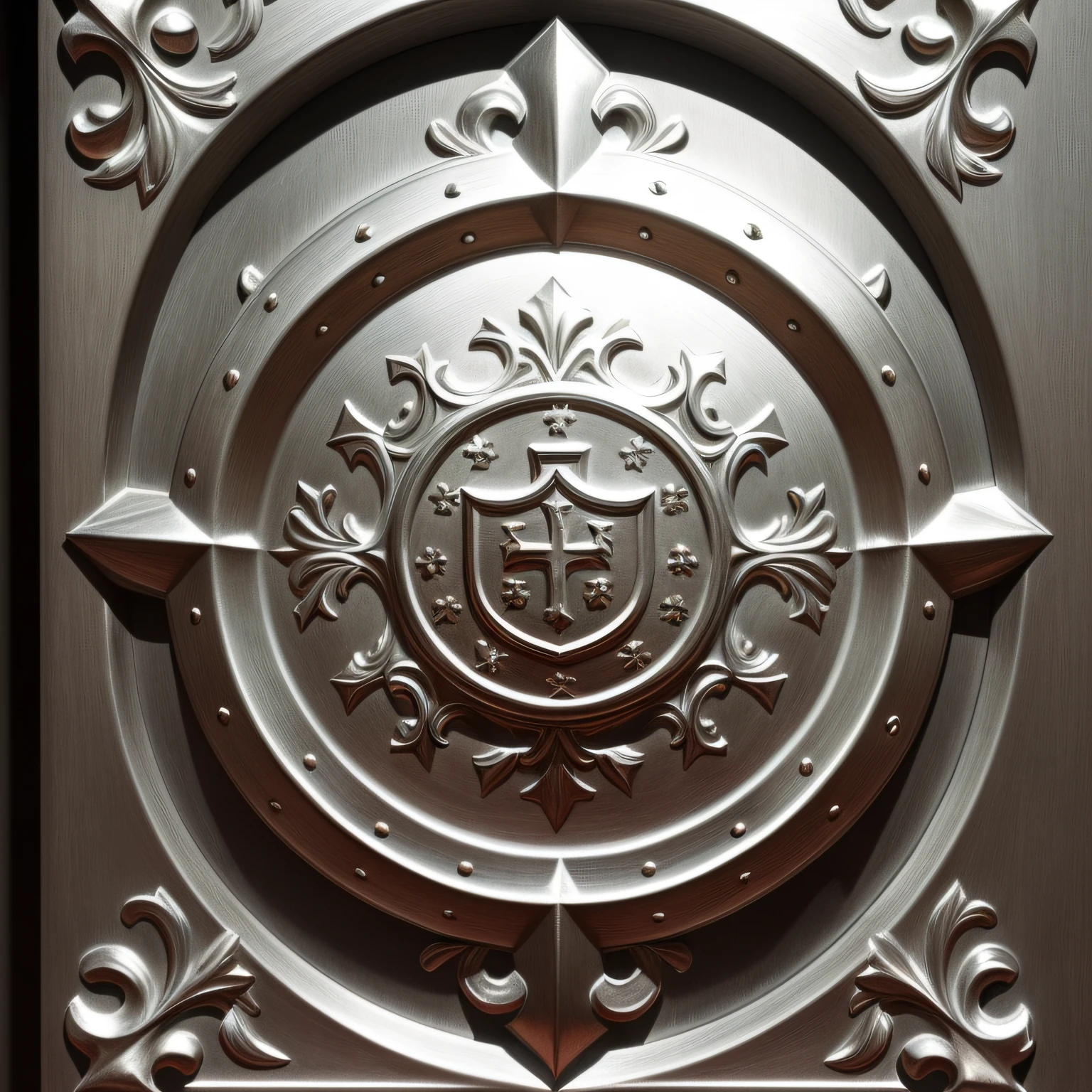 "an ultra realistic picture of a silver medieval vertical shield with intricate details and a prominent cross in the middle" --auto