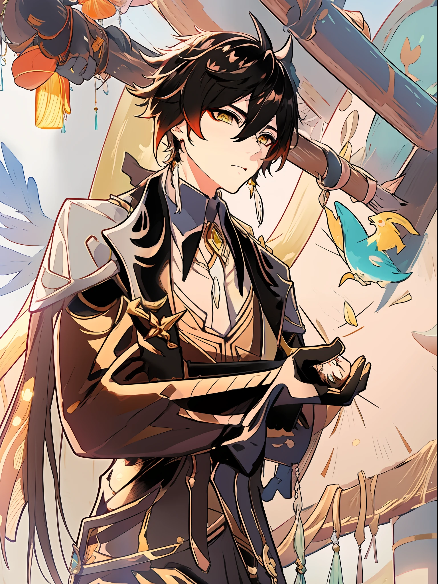1boy, solo, upper_body, front_view, look_at_viewer, masterpiece, best quality, bangs, black_gloves, black_hair, brown_hair, gradient_hair, collared_shirt, earrings, eyebrows_visible_through_hair, formal, gloves, hair_between_eyes, holding, chinese_clothes, jacket, jewelry, long_hair, long_sleeves, male_focus, multicolored_hair, ponytail, single_earring, suit, tassel, tassel_earrings, yellow_eyes, zhongli_\(genshin_impact\)