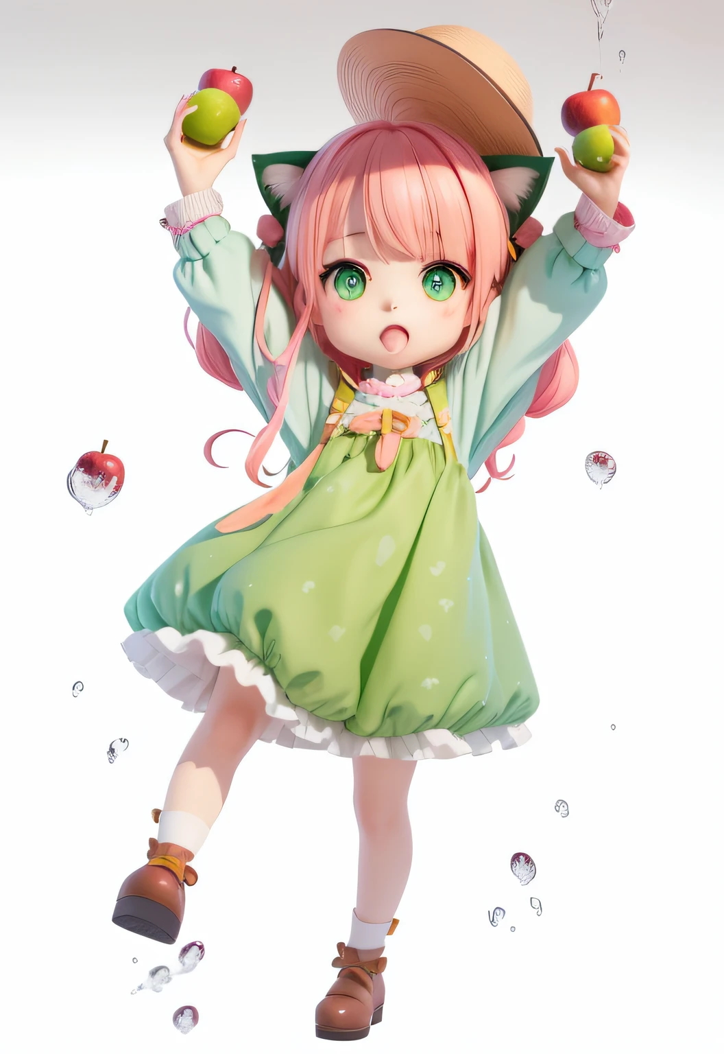 anime girl with pink hair and green eyes holding a green apple, anime moe artstyle, shirabii, holding a pudica pose, anime visual of a cute girl, pudica pose, anime girl named lucy, cute anime catgirl, loli in dress, splash art anime loli, cute!! chibi!!! catgirl, marin kitagawa fanart