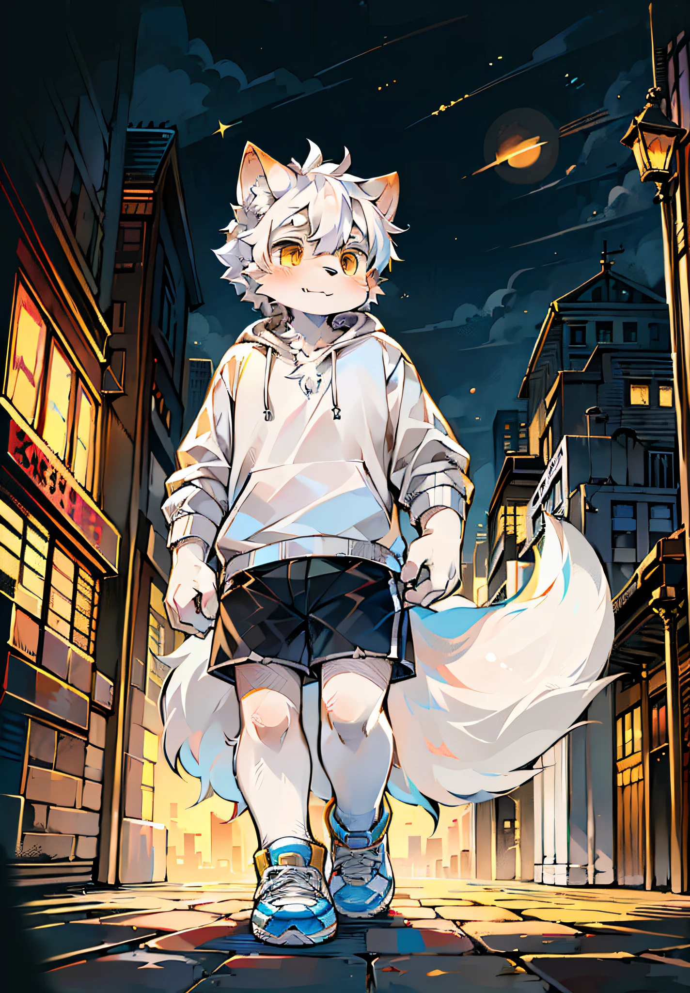 Sunny environment:0.8),masterpiece,high quality,abstract res,digital painting\(artwork\), by dagasi, yupa,kiyosan,(anthro,fluffy fur,character focus:1.1),anthro male cat,short hair,portrait , eyes with brightness, in a panoramic view, Character focus.(detailedbackground:Large cities 0 during the day.7), 独奏, shaggy, shaggy male, malefocus, anthr,(Full Body Furry, Fluffy tail, White fur,adolable ,Dog nose,Yellow doji eyes,Cute big eyes, Short black hair:1.2), (long canines、Dog Samoyed、White hooded T-shirt、white ultra short pants、White shoes、White ears、White hair all over the body:1.2),(external、big city,In the daytime,time square:1.1