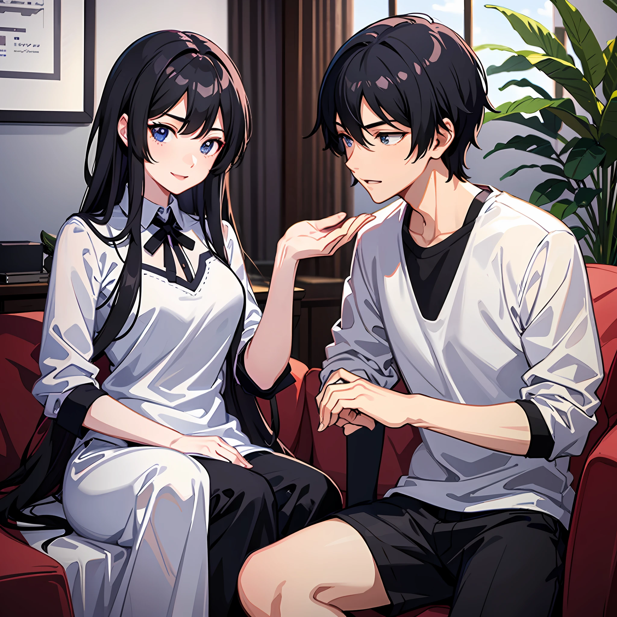 A middle-aged woman with long black hair and an anime boy with short black hair，inspirado em Okumura Masanobu，In the villa，sitting in the couch，Middle-aged woman strokes boy's head，Boy in white T-shirt，Middle-aged woman in cheongsam，ssmile，Ultra-detailed CG，Exquisite facial features，Clear facial expressions，Detailed digital anime art，Digital anime art，High quality anime art style