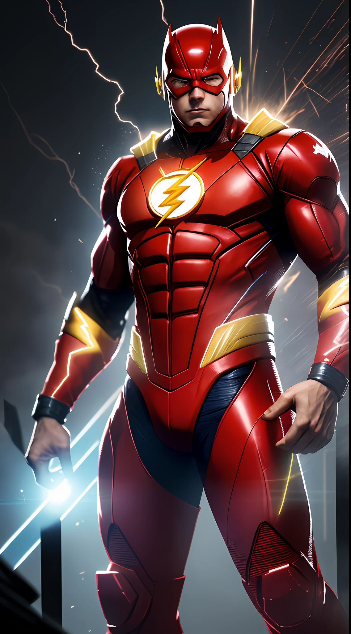 The Flash (Injustice 2), best quality, high resolution, tall, muscular, hunk, white plates and scarlet red neon suit, big glowing yellow eyes, standing powerfully pose, yellow lightning trail, detailed face, detailed suit, ultra detailed, masterpiece, tunnle of light in the background, 4k, raw photo, volumetric lighting, low camera angle