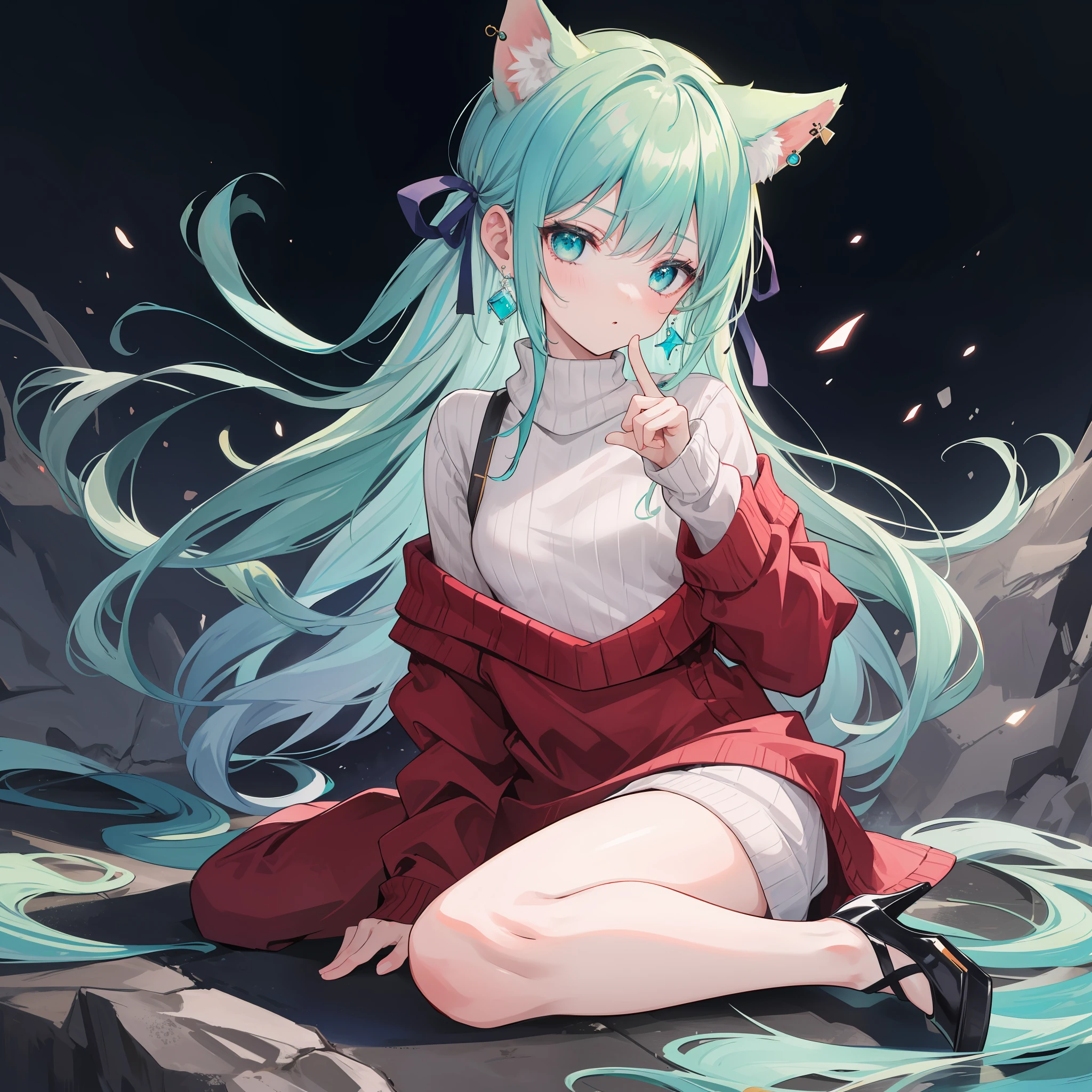 (top-quality、masterpiece),1girl in, Solo, Sitting, wariza, multicolored hair, aqua hair, Grey Hair, aqua eyes, Hair Ribbon, (dog ears)+++, Sweaters, high-heels, earrings, Park, small breasts, fixed fingers, looking_al_ Viewer, cowboy shots, rich detail, perfect image quality,