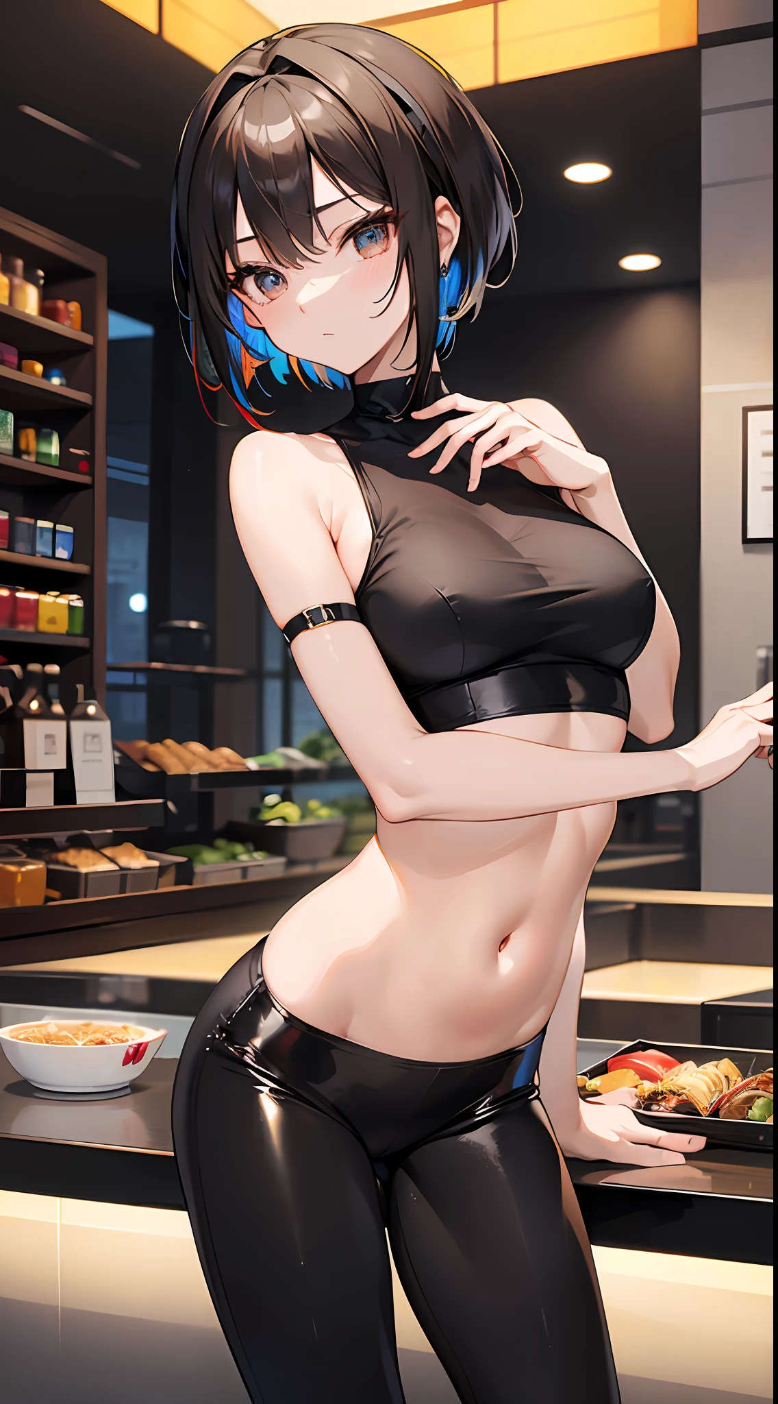 ((Masterpiece)), best quality, absurderes, ultra detailed, holographic, cowboy shot, dynamic pose, golden ratio, super cute girl, mature girl, extremely beautiful, super beautiful asian girl with super beautiful brown shiny eyes, super petite and sexy body, super beautiful legs, super beautiful brown multicolored short hair, high ponytail, shiny and super beautiful skin, nice and sexy body, slim and delicate body, perfect body, wearing a super tight black short sleeve crop top, bare shoulders, super tight translucid black leggings, hot panties, fox hairband, being photographed in a popular kawaii food court
