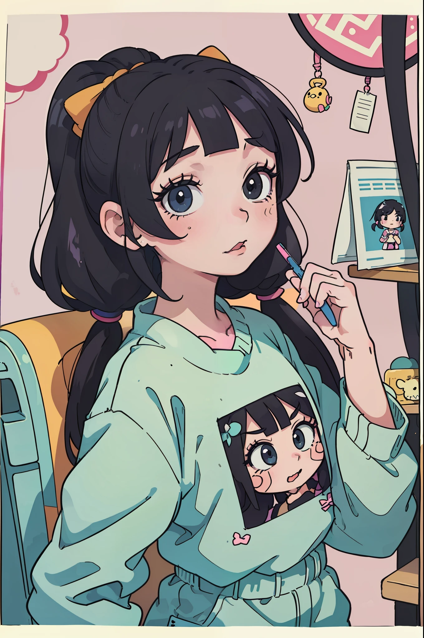 Yume Cute、an anime girl、Head and body are low、Deformed、cartoon、Zito-order、Sickly cute、Harajuku、Casual clothing、Kitschy aesthetics、long eyelashes、lipgloss、Black hair twintails、subculture、Newspaper background and line chart