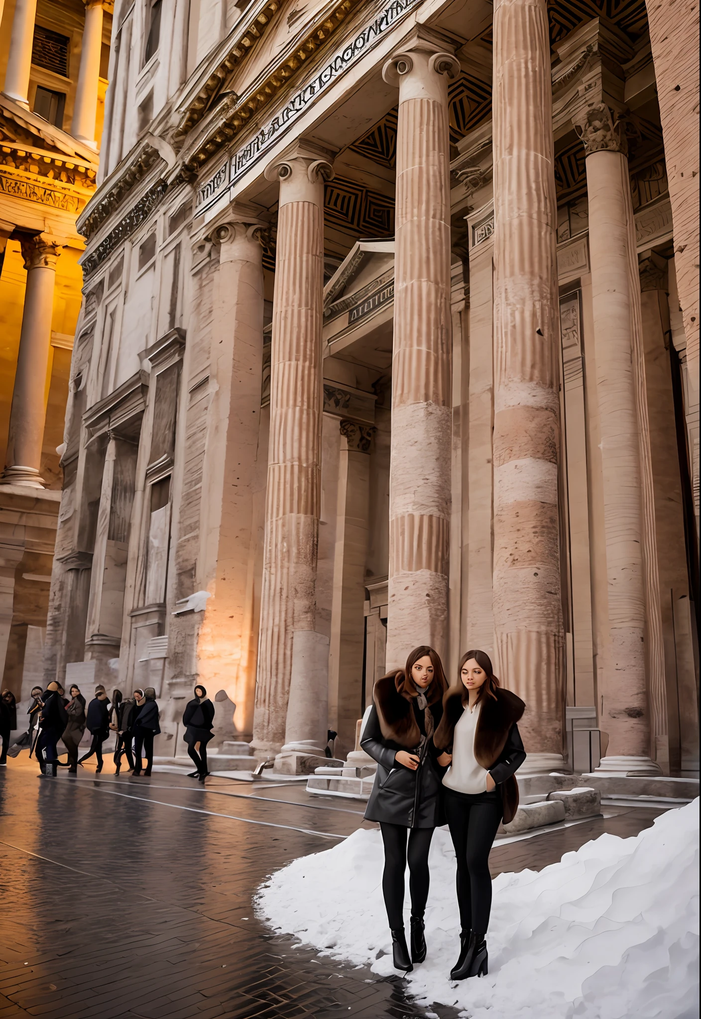 (Positive focus, Original photo), (2girls,duo,navel,Enter the Pantheon in Rome,crowd,winter,Snowy),Surrealistic Female Portraits by David Hockney and Alphonse Mucha, Fantasy art,Wear gorgeous furs, (Blue pupil: 1.4, shiny pupils: 1.4, Big eyes: 1.1), Photo fidelity, Dynamic lighting, Art Station, poster for, voluminetric lighting, Very detailed face, 4K, Award-winning, Shadows, understated, (official outfit: 1.4, Gorgeous fur, Complex clothing, Furs), Looking at the camera, Bust Up Shot, (Realistic face)),