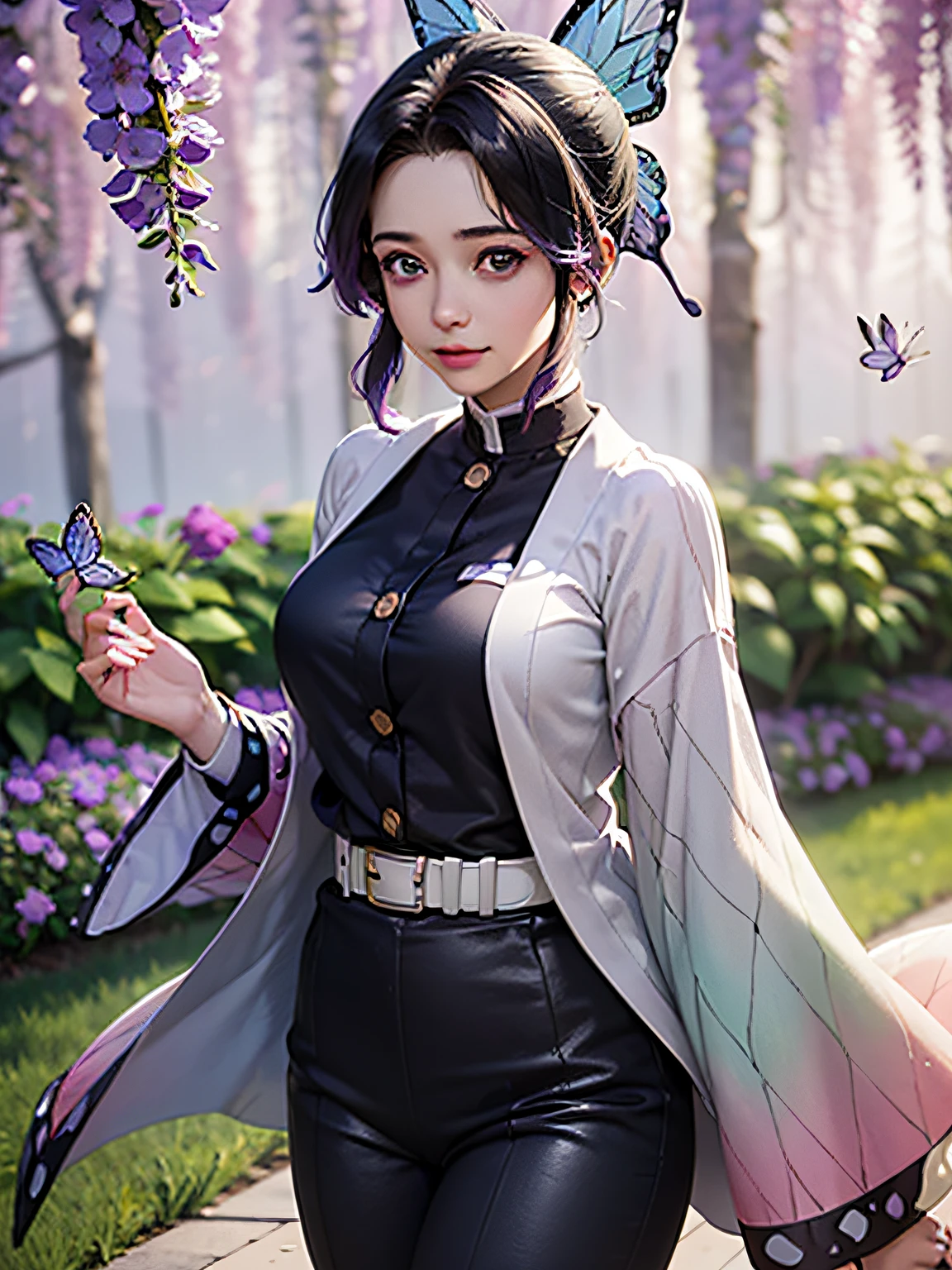 Ultra-realistic 8k CG,masterpiece,((ultra-detailed background, delicate pattern, intricate details)),best quality,very detailed face,extremely detailed eyes and face,extremely detailed eyes,kochou shinobu,multicolored hair,no bangs,hair intakes,purple eyes,forehead,black shirt,black pants,haori,butterfly,buttons,belt,(Garden:1.2),purple flower,chibi,cloudy sky,sunlight,Tindal effect,gradient_sky,face,Gorgeous sky,Waist Sabre,Charming posture,