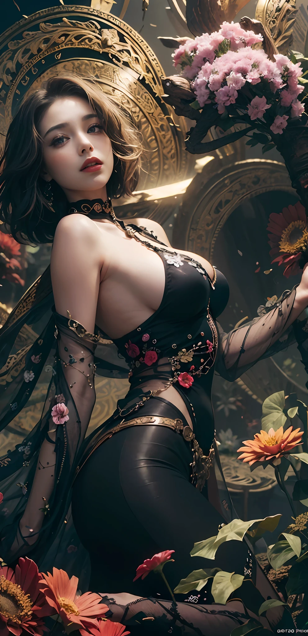 official art, unity 8k wallpaper, ultra detailed, beautiful and aesthetic, beautiful, masterpiece, best quality, (zentangle, mandala, tangle, entangle), (ecstasy of flower:1.2) dynamic angle, cowboyshot, the most beautiful form of chaos, elegant, a brutalist designed, vivid colours, romanticism, atmospheric, action pose, queen