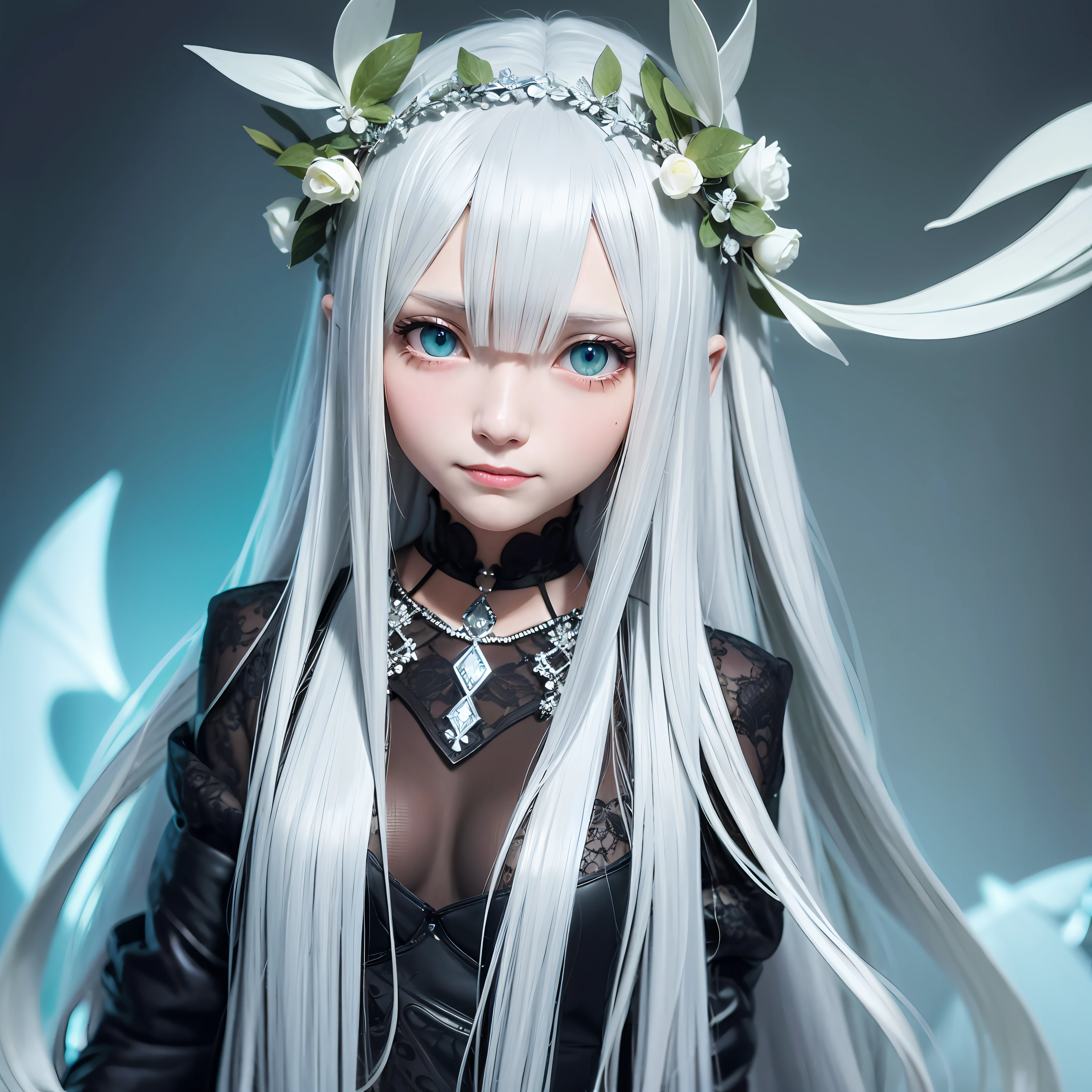 silver hair, very long hair, head wreath, aqua eyes, earrings, shy, seductive smile, tsundere, Surrealism, chromatic aberration, cinematic lighting, character chart, wide shot, Nikon, Canon, Fujifilm, UHD, 16k, super detail, high details, best quality, high quality, highres, textured skin, HD, 4K, 8k --auto
