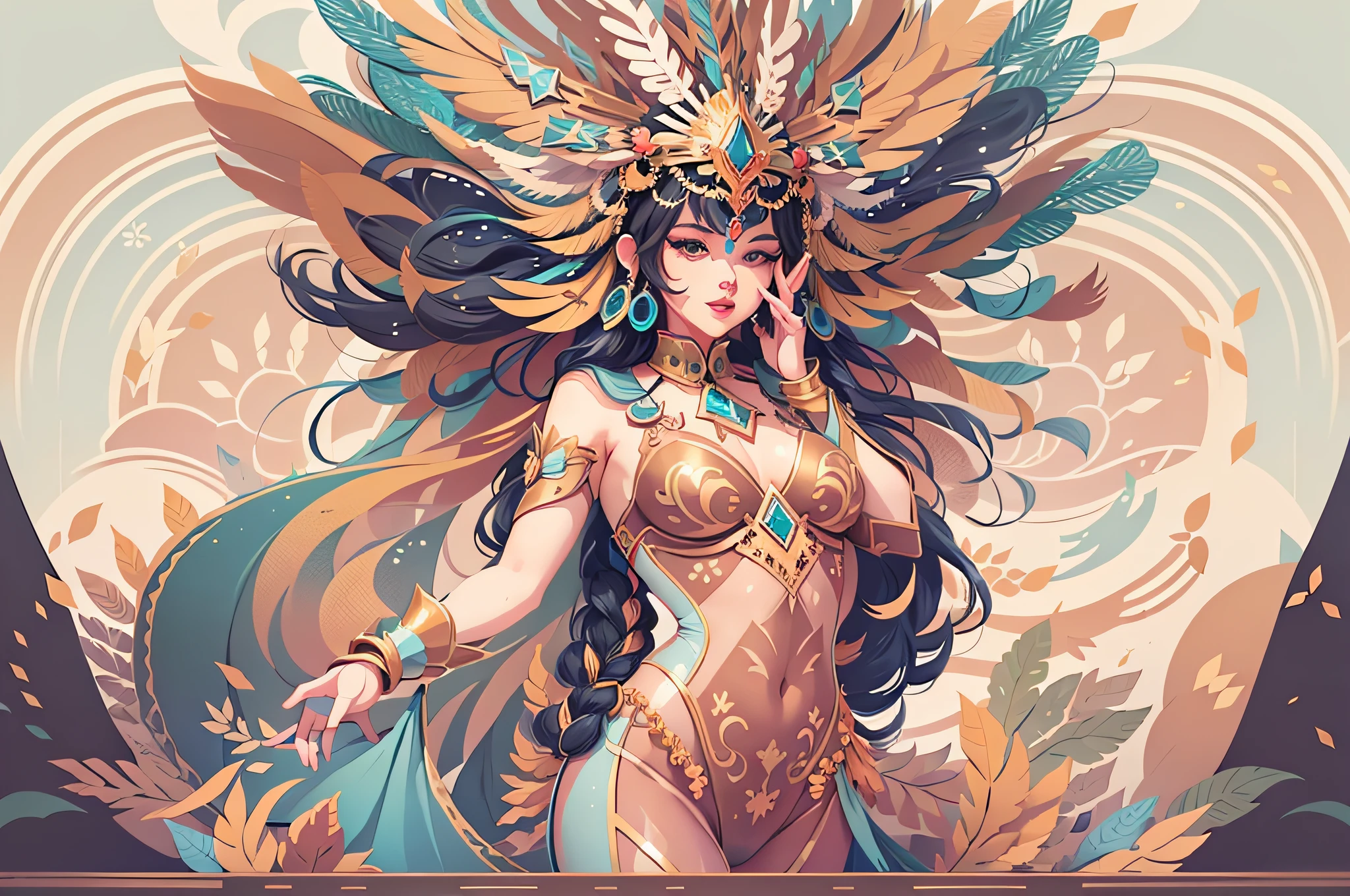 flat illustration of a cute woman with A show-stopping costume with a feathered headdress, sequined bodysuit, and long flowing train, designed to captivate the audience, paw pose,