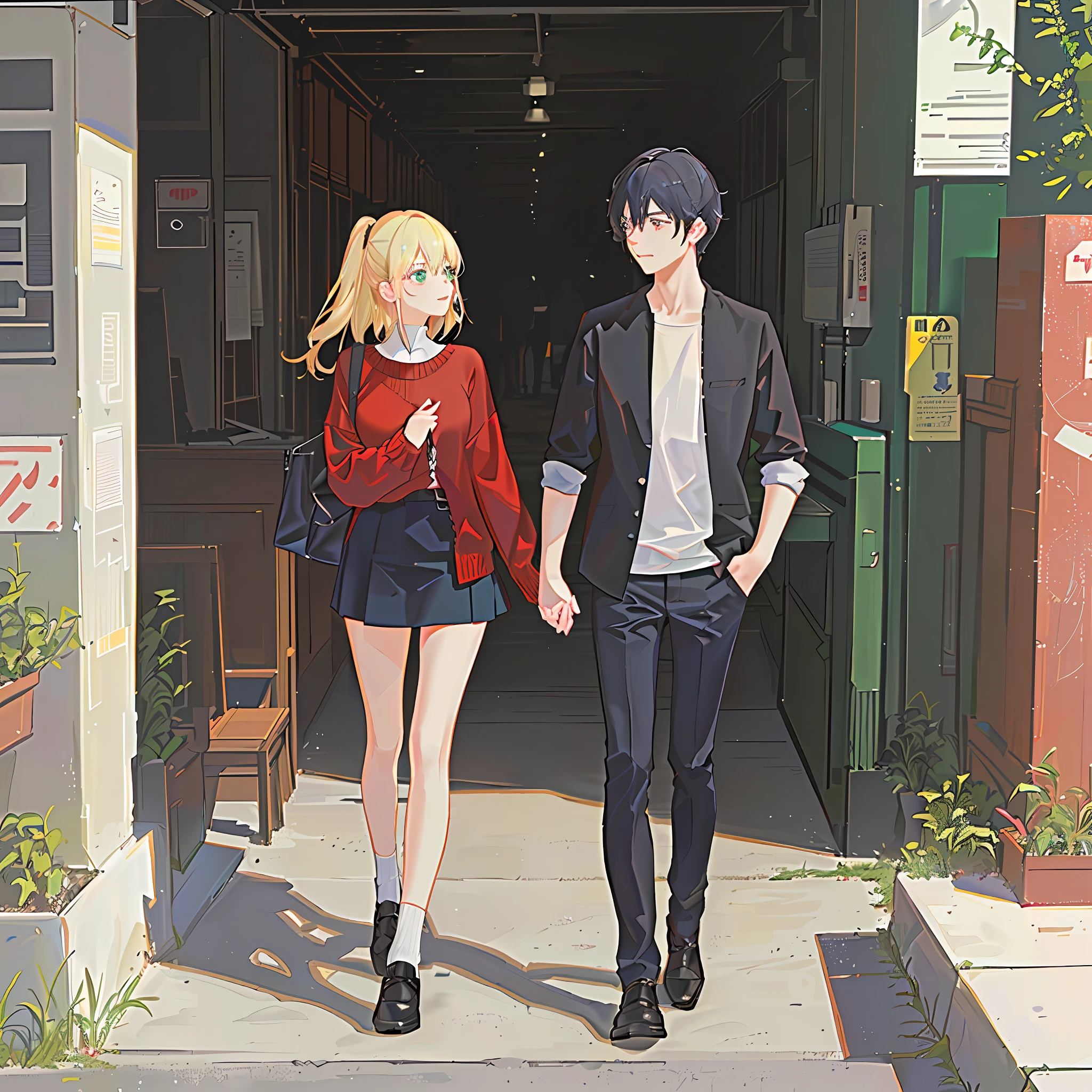 anime characters boy long black hair Teal outer shirt with white inner shirt, walking with the blonde girl in the red sweater