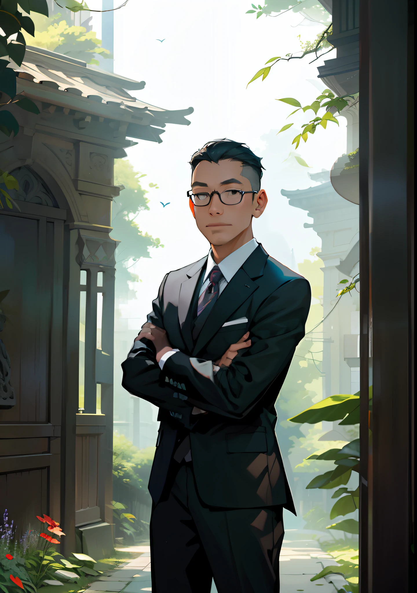 (hierrealism), (high resolution), In the scene, we see a man dressed in formal attire, holding a briefcase, but with a serene and determined look on his face. It is in an urban environment, surrounded by skyscrapers and a bustle typical of urban life. However, in front of him, there is a striking contrast. A verdant path opens, with tall, leafy trees rising toward the blue sky. The winding path is surrounded by shrubs and colorful flowers, exuding a soft aroma. The executive is about to take the first steps on this path of nature. He is barefoot, symbolizing disconnection with the material world and the desire to connect with the earth. As he progresses, he leaves behind the chaotic urban environment and approaches the serenity and tranquility that nature offers. Sunlight shines brightly on the path, highlighting every leaf, every flower, and every detail of the surrounding vegetation. Birds sing merrily in a natural symphony, and colorful butterflies dance in the air. The executive extends his arms, absorbing the energy and vitality that nature offers. Her face reflects gratitude and admiration as she observes the beauty around her. He realizes that nature is a source of inspiration, healing, and renewal, something he needs to find balance in his hectic life. This image conveys the message that even in the busy and stressful life, it is possible to find a moment of pause and reconnection with nature. It reminds us of the importance of taking care of our physical, mental, and spiritual health, and how nature can play a key role in this process. 8k