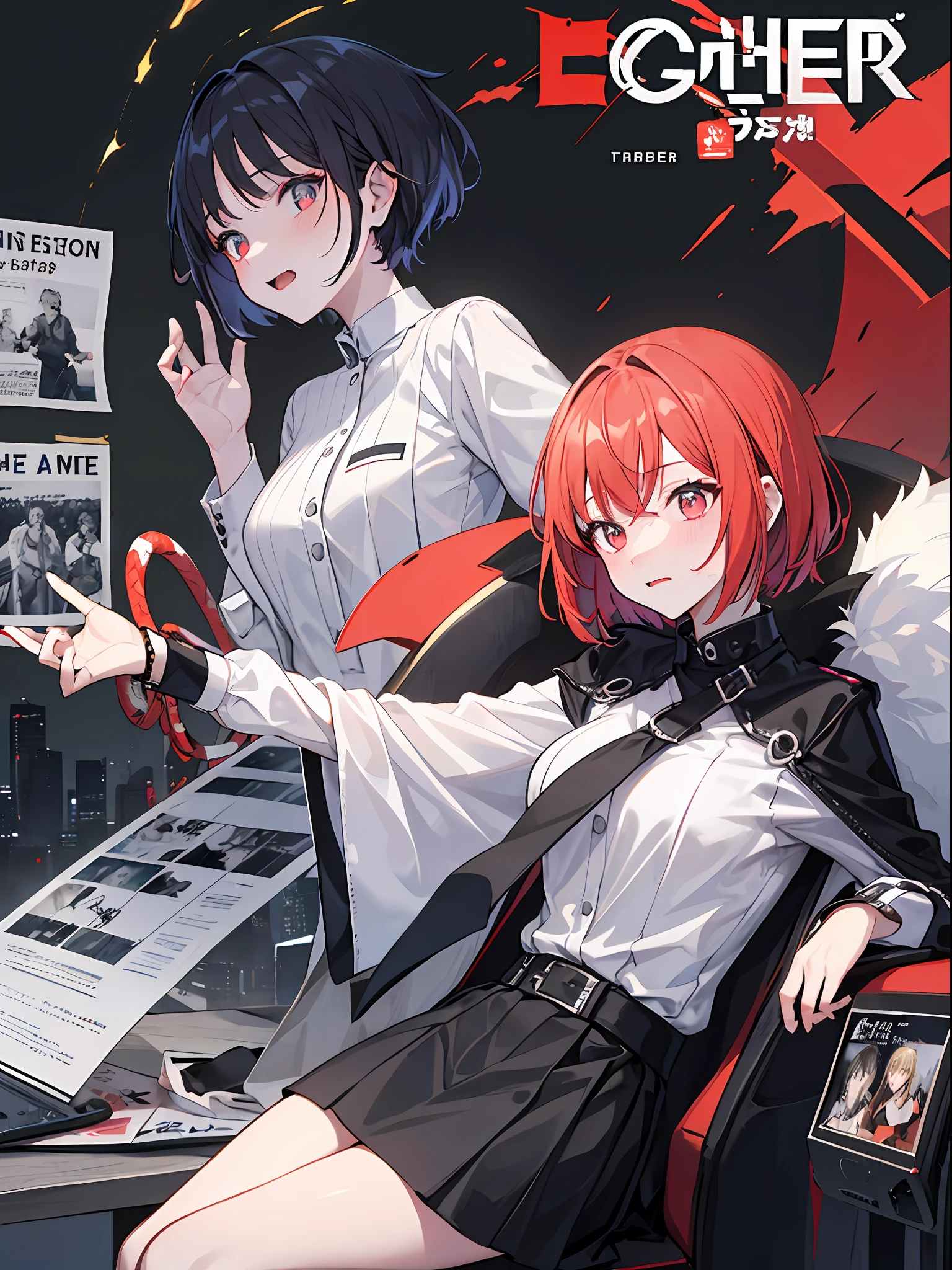 (​masterpiece、top-quality、hight resolution)、 Kana Arima \(Oshinoko\), full of shyness、red hairs、Bob Hair、red blush、Wavy mouth、(((Dramatic)))、(((gritty)))、(((vehement))))The poster of the film appears as a central character。She is shy in the center of the poster、Wearing an idol costume、Has a determined look。The background is dark and rough、I feel like I'm drunk。Text is bold and eye-catching、Catchy slogans add to the overall drama and excitement。The color palette is dominated by dark colors.、Bright colors dotted、Make your poster dynamic and visually impactful、Tachi- e(magazine:1.3)、(cover-style:1.3)、Fashionable、with a vibrant、outfits、the pose、the front、colourfull、Dynamic、Background with、element、self-assured、Expressively、ngel、statement、attachment、An majestic、coiled、surroundings、Touch、The scene、Texto、covers、boldface、grab attention、Titles、lo fashion、Font、Catchy、Titles、Large、grab attention、moderno、 Trendy、concentrating、Stylish、1 girl in、a miniskirt