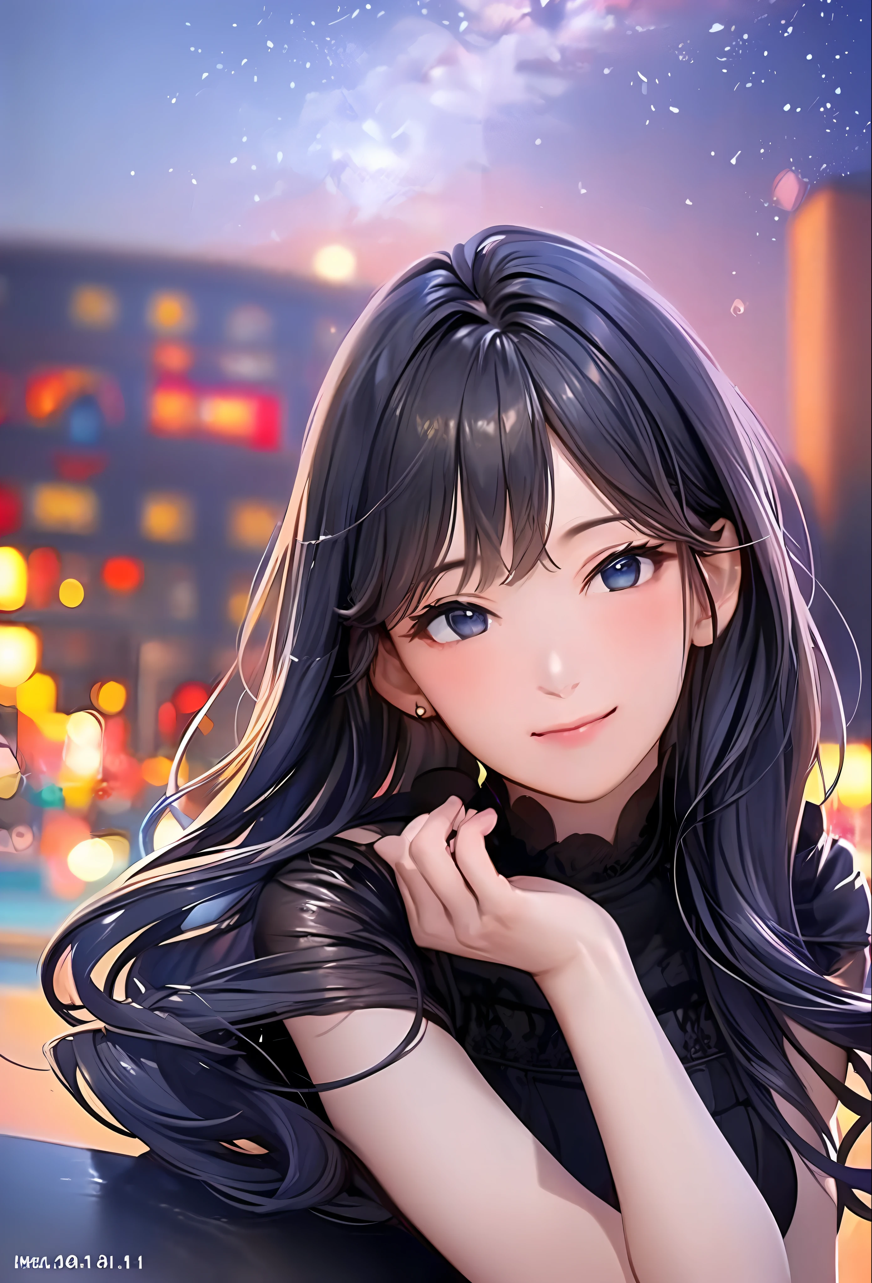 (8k, top quality, masterpiece: 1.2), (realistic, photorealistic: 1.37), super detailed, girl single, cute, solo, midnight, beautiful detailed sky, detailed café, sitting, date, (blush), (smile: 1.15), small breasts (mouth closed), beautiful fine eyes, floating hair NovaFrogStyle, back open dress