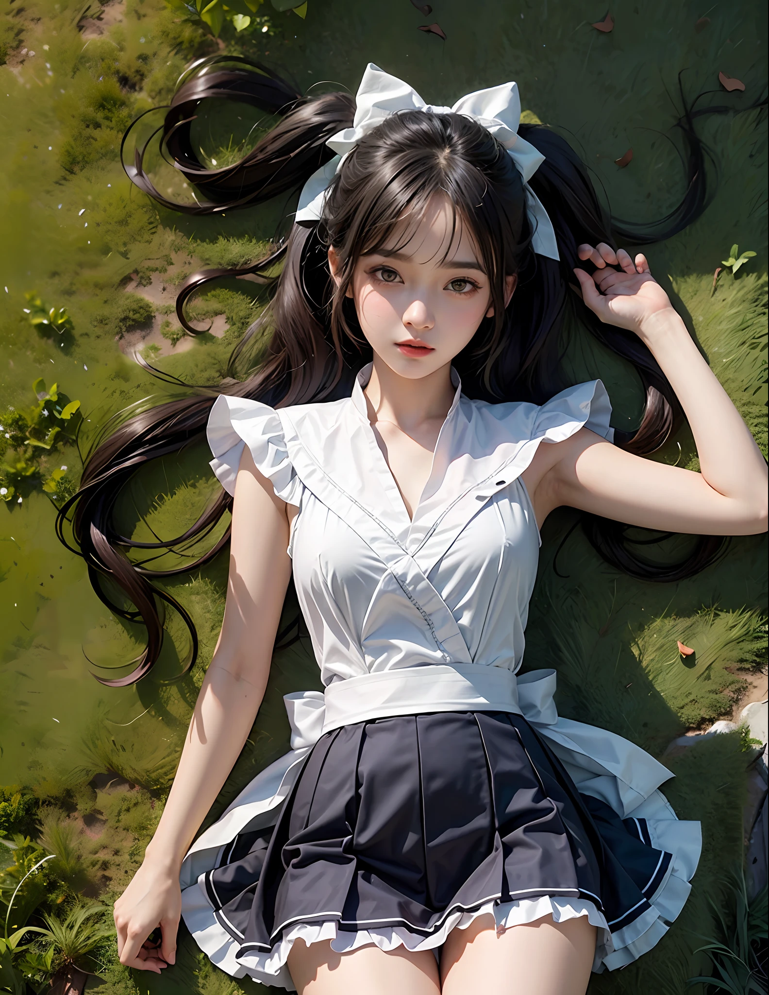 lying on the grass ground,1girl,twintails,black hair,Qi bangs,curlies,maid,Flying,White sailor suit and short skirt,blue bows,-yeld fee model,