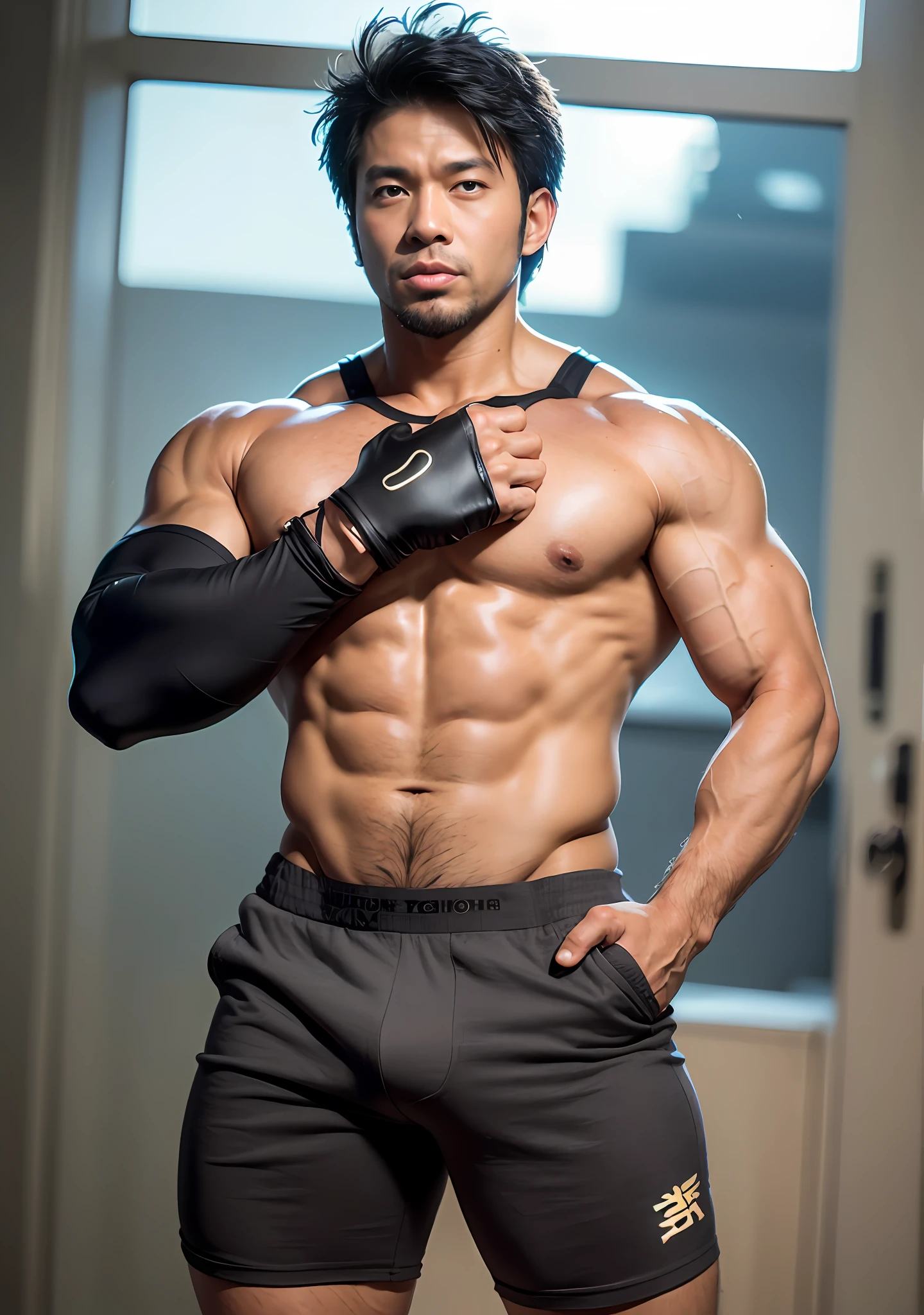 best qualtiy,tmasterpiece,超A high resolution,(realisticlying:1.4),详细的脸,独奏,((full bodyesbian)),east asian architecture,Asian people,1 male,40-year-old man,a broad shouldered,Very short hair,Dark brown eyes,Fine eyes and detailed face,the Extremely Detailed CG Unity 8K Wallpapers,Complicated details,looking at viewert,Body facing the camera,独奏,detailed full body, Lift your shirt with your hands,stern expression,Fingerless gloves,Wristbands,indoor background,large pecs,Large muscles,Black shorts,((((Bulging crotch)))),Thick thighs,Sturdy exterior,suntanned skin