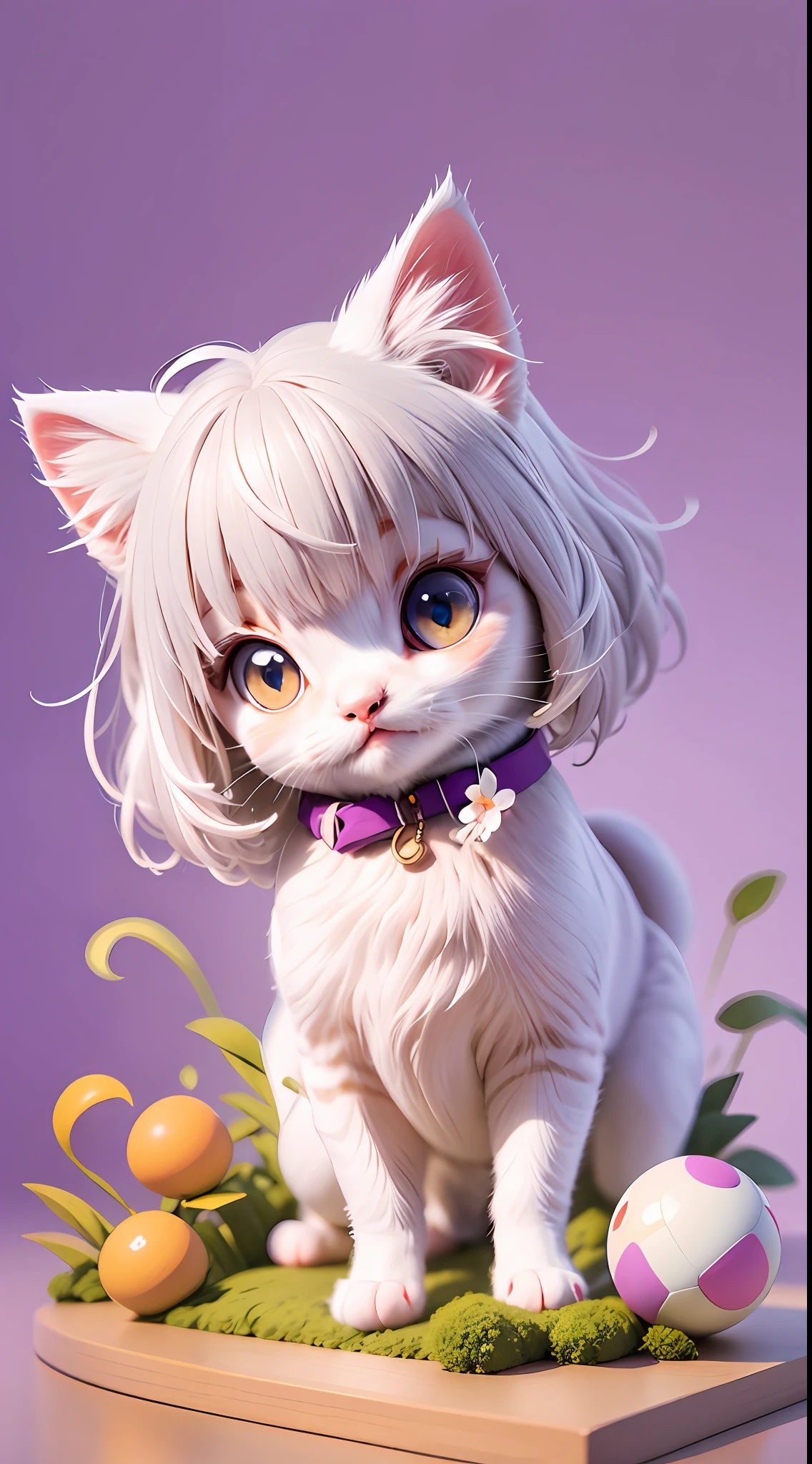 A white-haired kitten,adolable,spherical,cleanness,afloat,shaggy,Big eyes,Non-human,In purple,Simple,ssmile,Funny,Morandi color system,Looking to the left,left