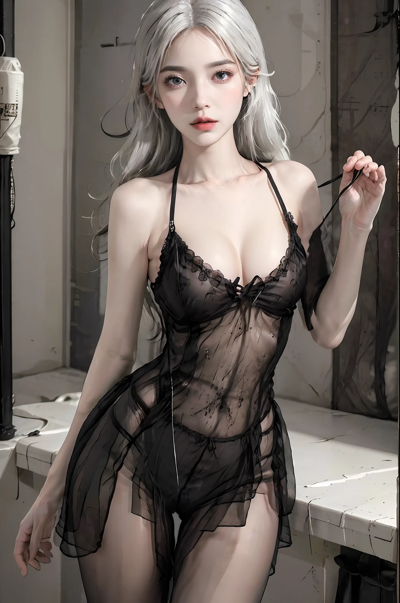 photorealistic, high resolution, 1 girl, hips up, beautiful eyes, white hair,black lingerie, see-through, black bodysuit, black pantyhose, bare shoulders, halter neck
