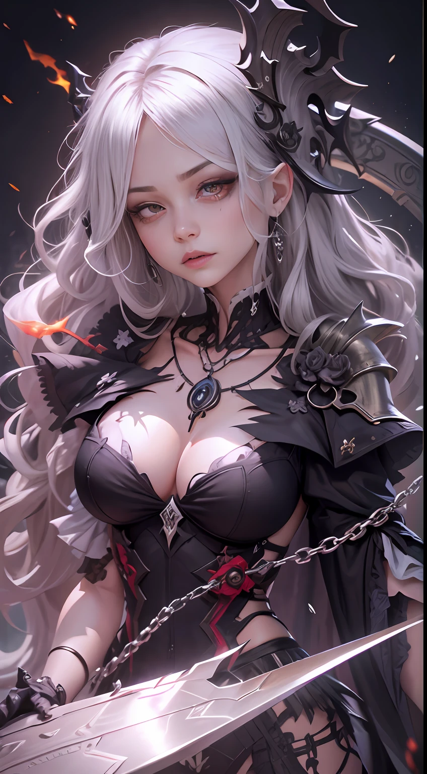 Undead Maiden, 3D,Delicate and seductive face,Wearing Rococo complex black bone joint armor, Upturned breasts,Skulls are everywhere, ripped apart, Delicate bone blood stained with blood,There is a bony crown on the head,The expression is hideous, Heterochromia, Silver hair, floated hair, Wavy hair, Halo, crescent hair ornament, Red eyes, long eyelasher, White bone pendant, Armed with the Grim Reaper Scythe, The scythe has green complex runes on it, light and shadow are scattered,Interweave this big fireball,Vignetting, Verism, surrealism, Rococo style, Ray tracing, Sparkle, Cinematic lighting, Motion blur, god light, chromatic aberration abuse, character sheets, hyper HD, retinas, Masterpiece, ccurate, Textured skin, Anatomically correct, Super detail, High details, High quality, Best quality, A high resolution, 16k