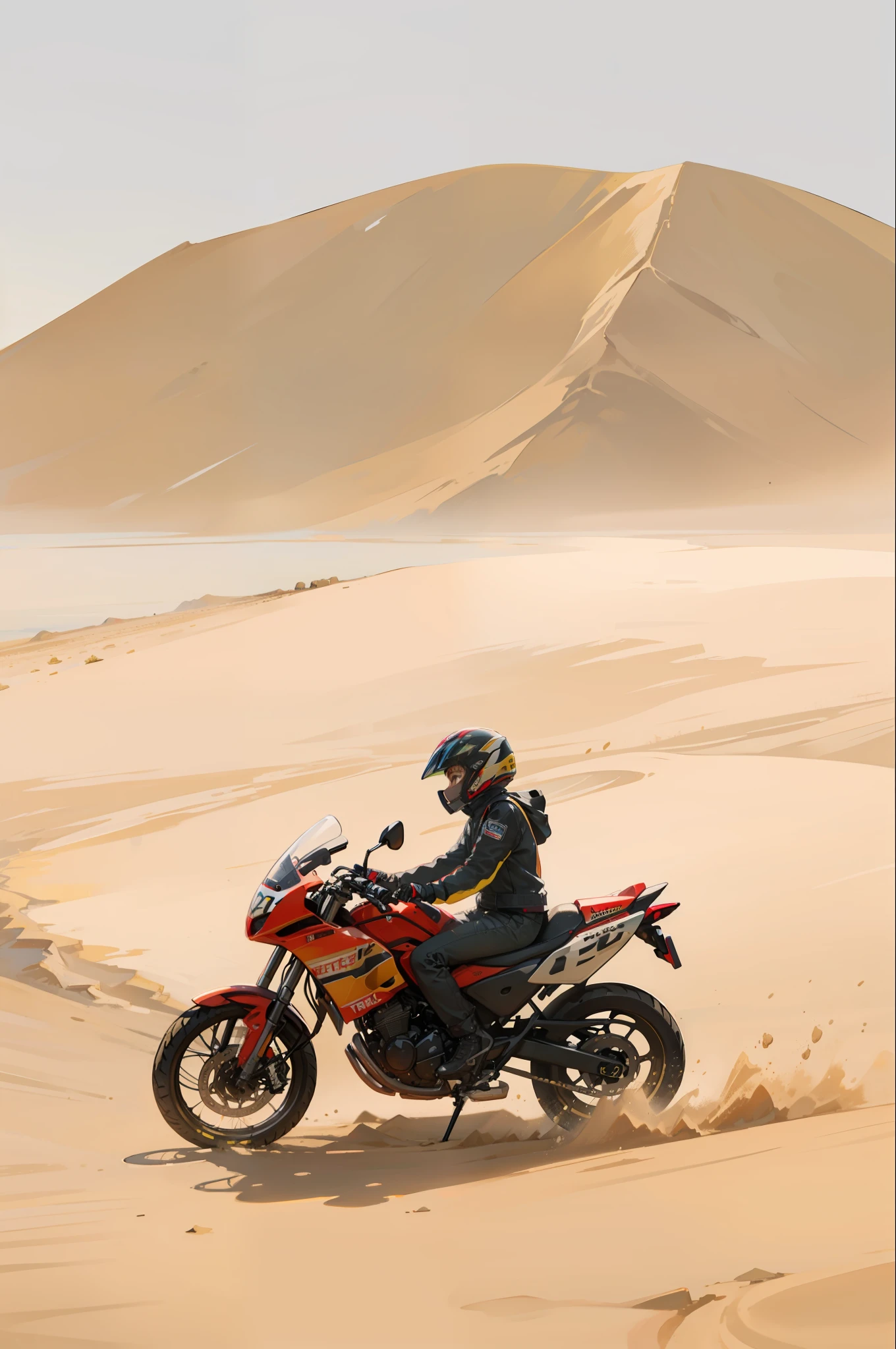 HighestQuali，Reallightandshadow，Sand，A desert，sand dune，Strong sunshine，Imitation racing motorcycles，People on motorcycles，Yellow sand flying trailing，