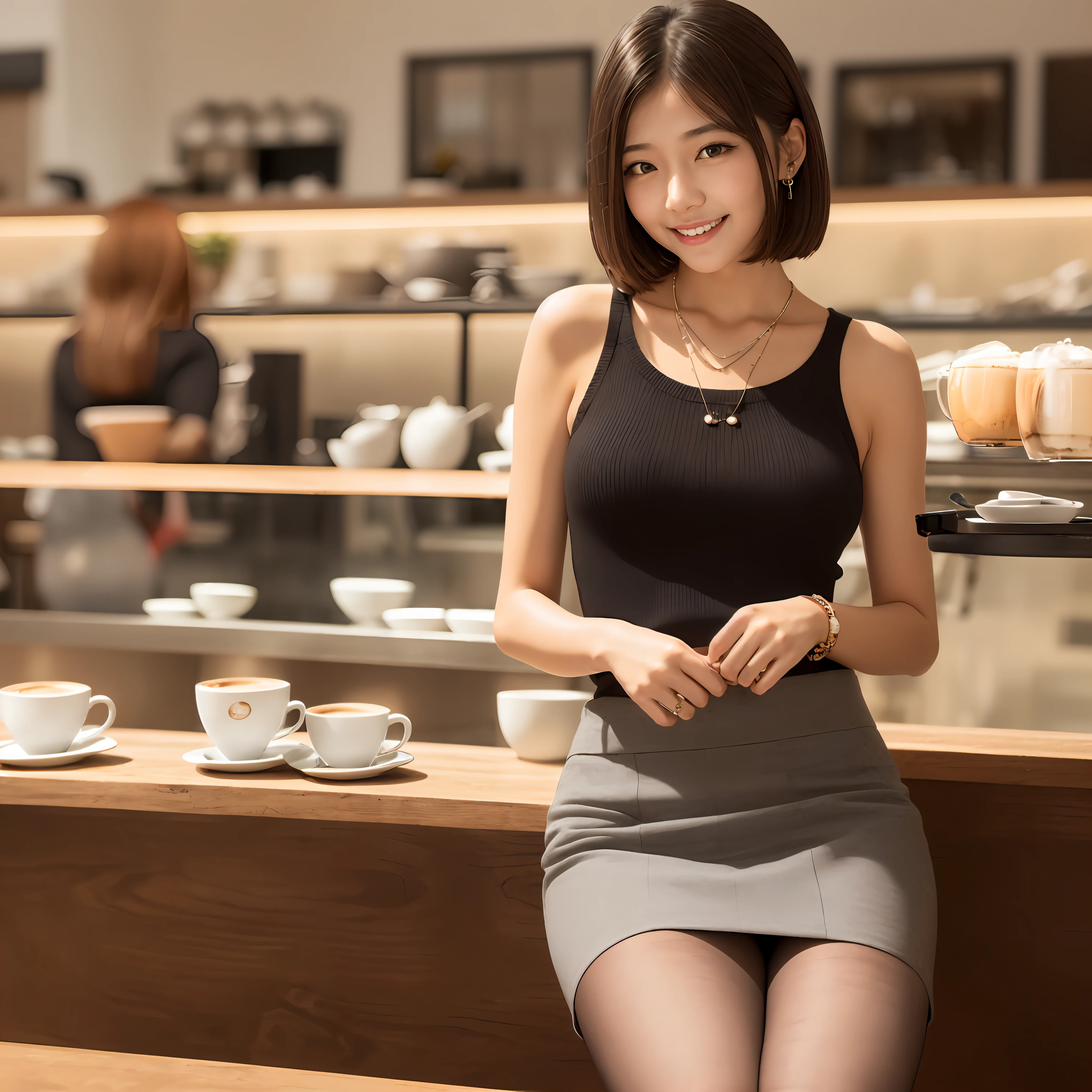 8k uhd, DSLR, film grain, FUJIFILM XT3,(Top  Quality:1.3), (​masterpiece:1.1), high resolucion, Cinematic lighting, intriciate detail, (photorealestic),exterior,Beautiful exterior,crystal clear,
korean girl,(In the café:1.5), dimple, bobcut, viewer, Detail wood, bows, bow tie, bare shoulder, Sweaters with ribs, 
pencil skirt, High-waisted skirt, Headrest, Sitting, indoor,
 necklaces, blackpantyhose, Sheet transport sweater, (Laughter),(s whole body:1.6),skinny,Clear photos, Bright eyes --auto