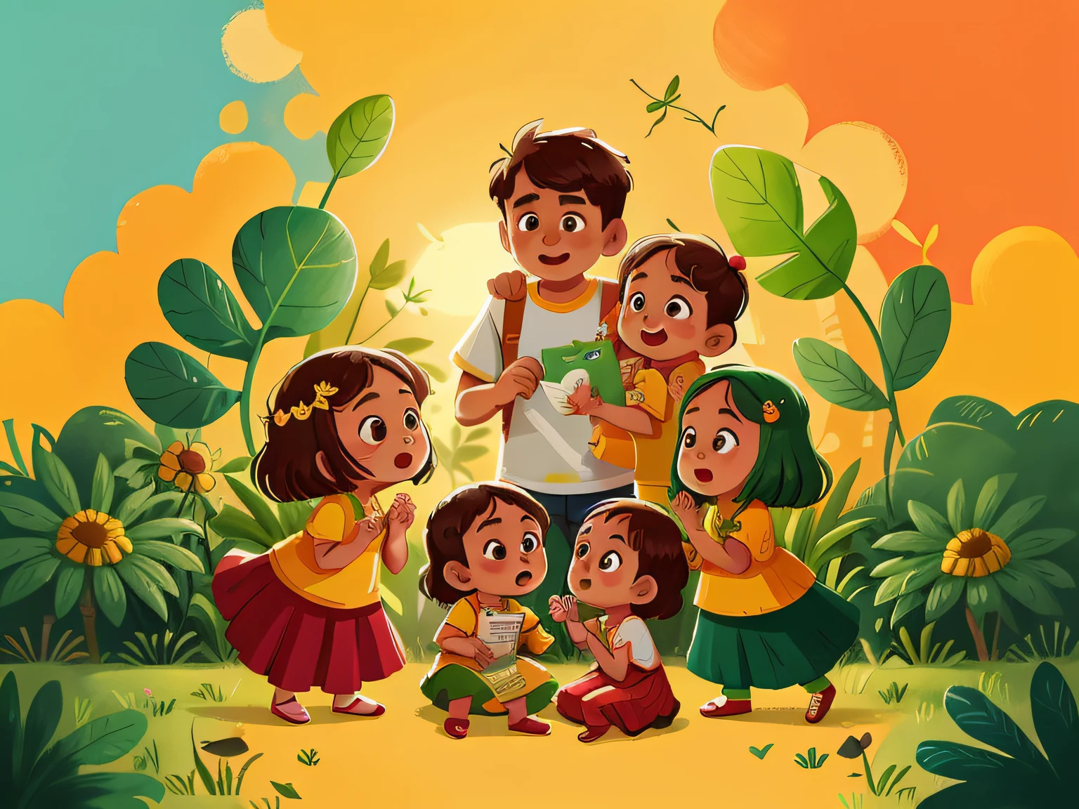 A traditional Brazilian Christian family, 1 menino, 2 meninas,  de 3 anos, todos morenos.