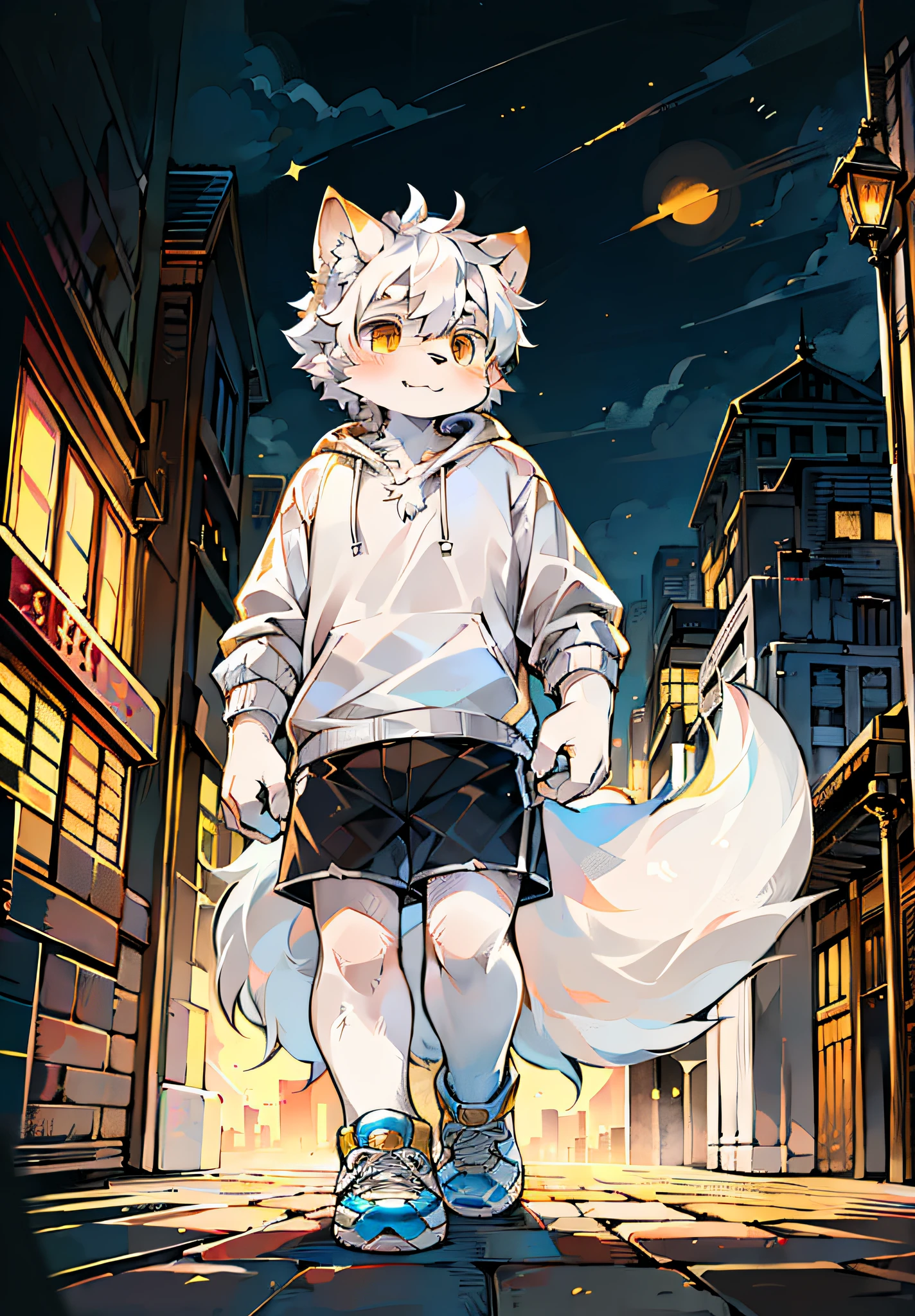 Sunny environment:0.8),masterpiece,high quality,abstract res,digital painting\(artwork\), by dagasi, yupa,kiyosan,(anthro,fluffy fur,character focus:1.1),anthro male cat,short hair,portrait , eyes with brightness, in a panoramic view, Character focus.(detailedbackground:Large cities 0 during the day.7), 独奏, shaggy, shaggy male, malefocus, anthr,(Full Body Furry, Fluffy tail, White fur,adolable ，Dog nose，Yellow doji eyes,Cute, bright and big eyes with God， Short black hair:1.2), (long canines、Dog Samoyed、White hooded T-shirt、white ultra short pants、White shoes、White ears、White hair all over the body：1.2），（external、big city，In the daytime，time square：1.1